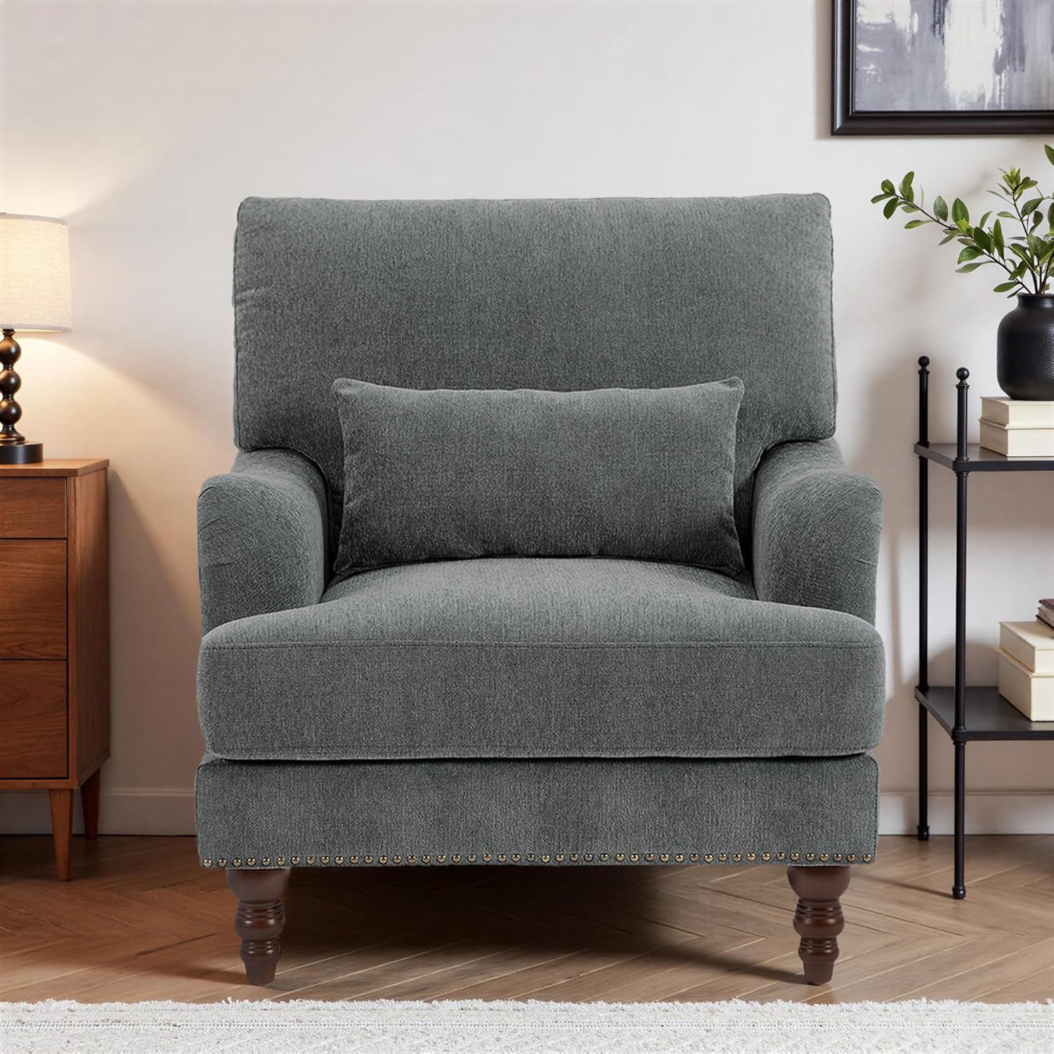 UIXE Accent Chair Chenille Upholstered Armchair for Living Room, Comfy Nailhead Trimed Arm Chair Bedroom Retro Reading Seat with Solid Wood Legs - Gray