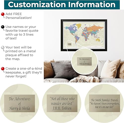 Vista 18 de Lienzo - Mapa de viaje personalizado Tan Oceans World Push Pin con marco negro