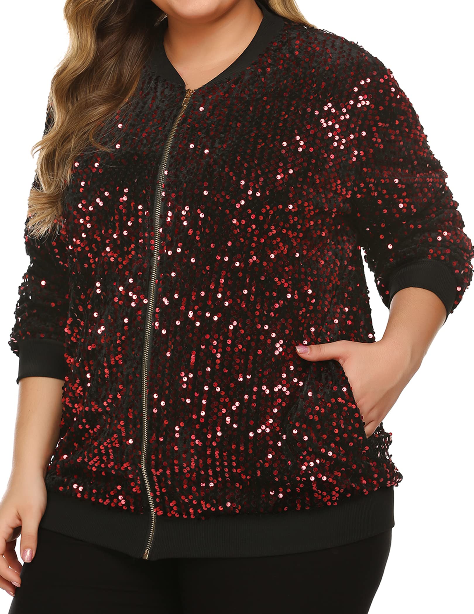 IN'VOLANDWomens Sequin Jacket Plus Size Sparkle Long Sleeve Jackets Front Zip Loose Casual Blazer Bomber Jacket