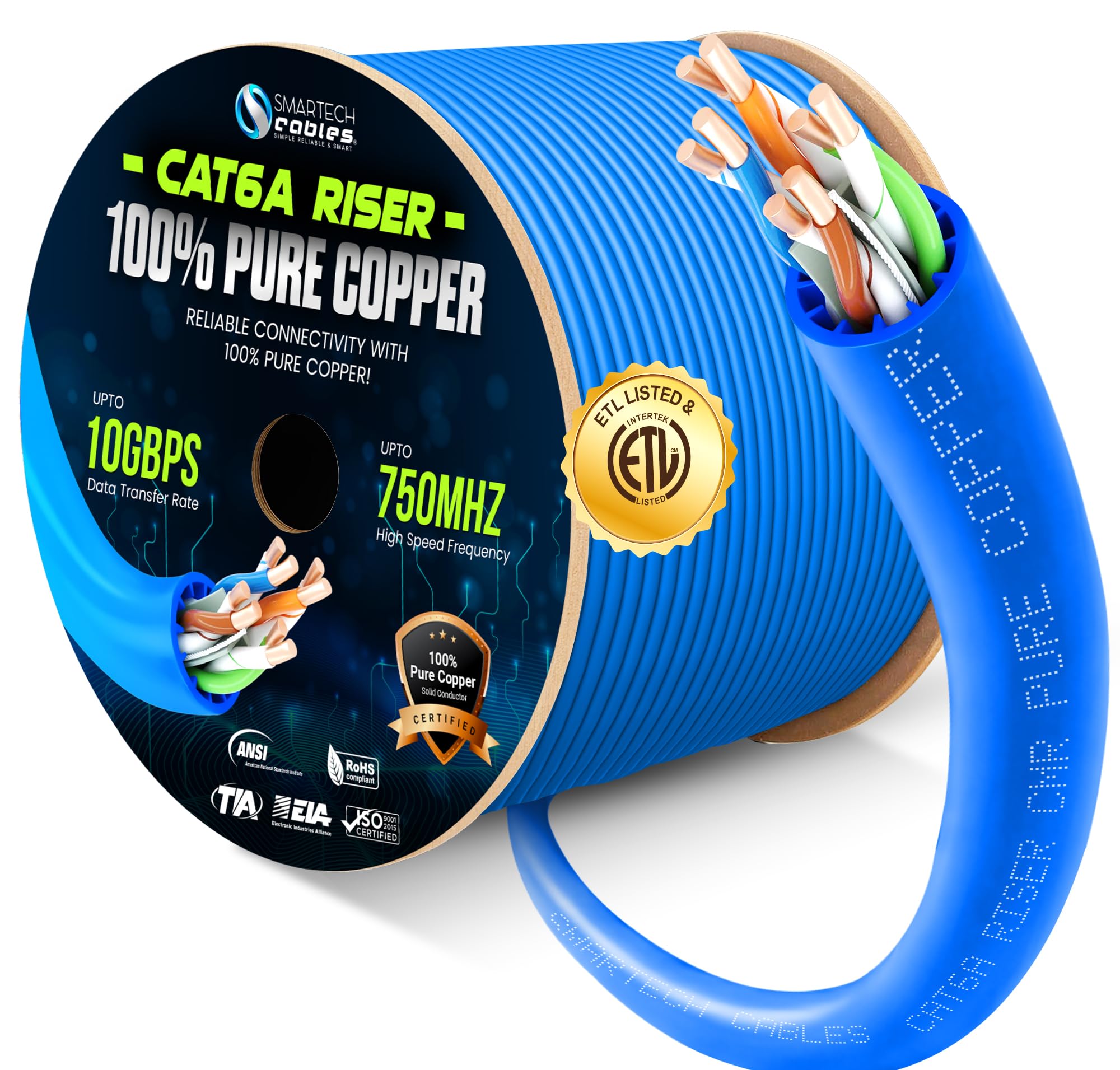 Smartech Cables - Cavo rialzo Cat6A Cat6A, 304,8 m, più certificato, 100% rame nudo, cavo Ethernet Cat 6a, 23 AWG, 750 MHz, PoE++ - doppino intrecciato non schermato (UTP) - 10 GB ad alta velocità per