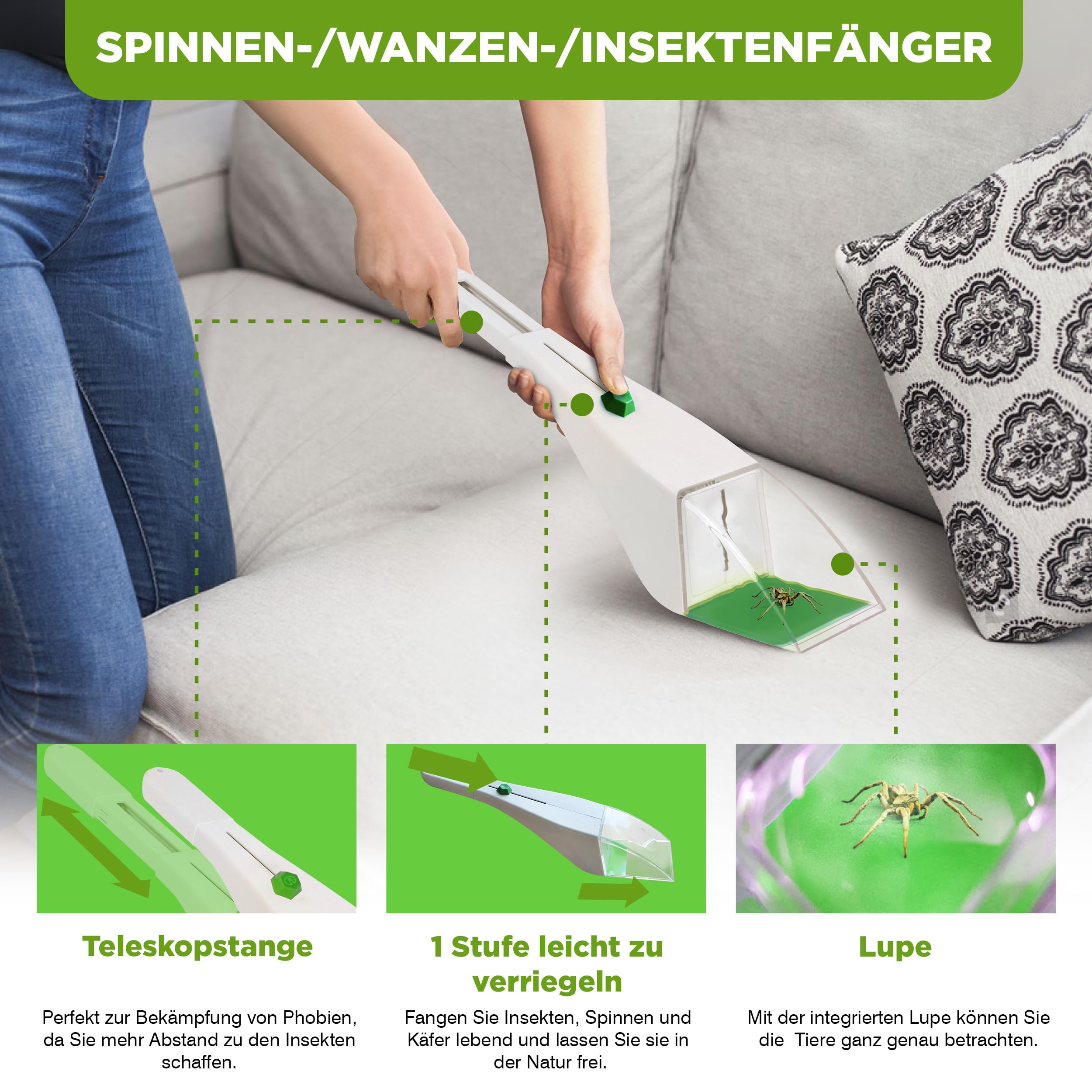 ISOTRONIC Insekten- & Spinnenfänger mit Teleskopstiel – tierfreundlicher Insektenfänger inkl. Lupe zum Betrachten – Spinnenfanggerät für Haus & Garten – kontaktlose Spinnenentfernung (3 Stück)