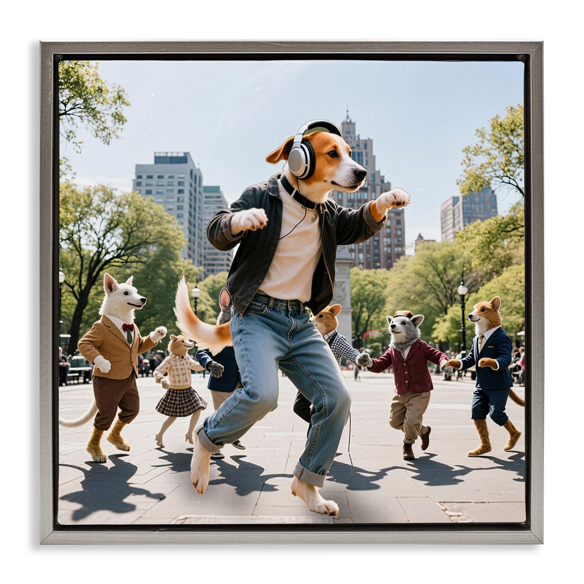 Stupell Industries Luster Gray (Matte) 'Stylish Dog Dancing In Park'| Floating Frame Canvas Art
