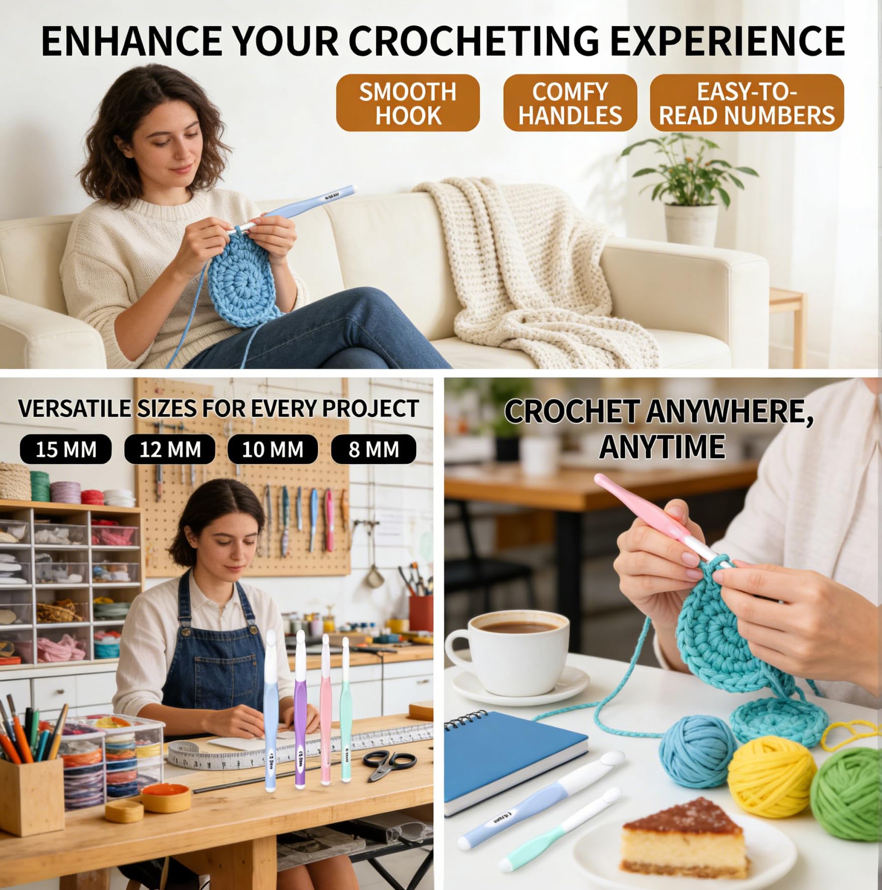 4 Sizes Large Crochet Hooks Set 8mm 10mm 12mm 15mm, Long Ergonomic Rubber Handle Crochet Needles for Chunky Yarn — view 7