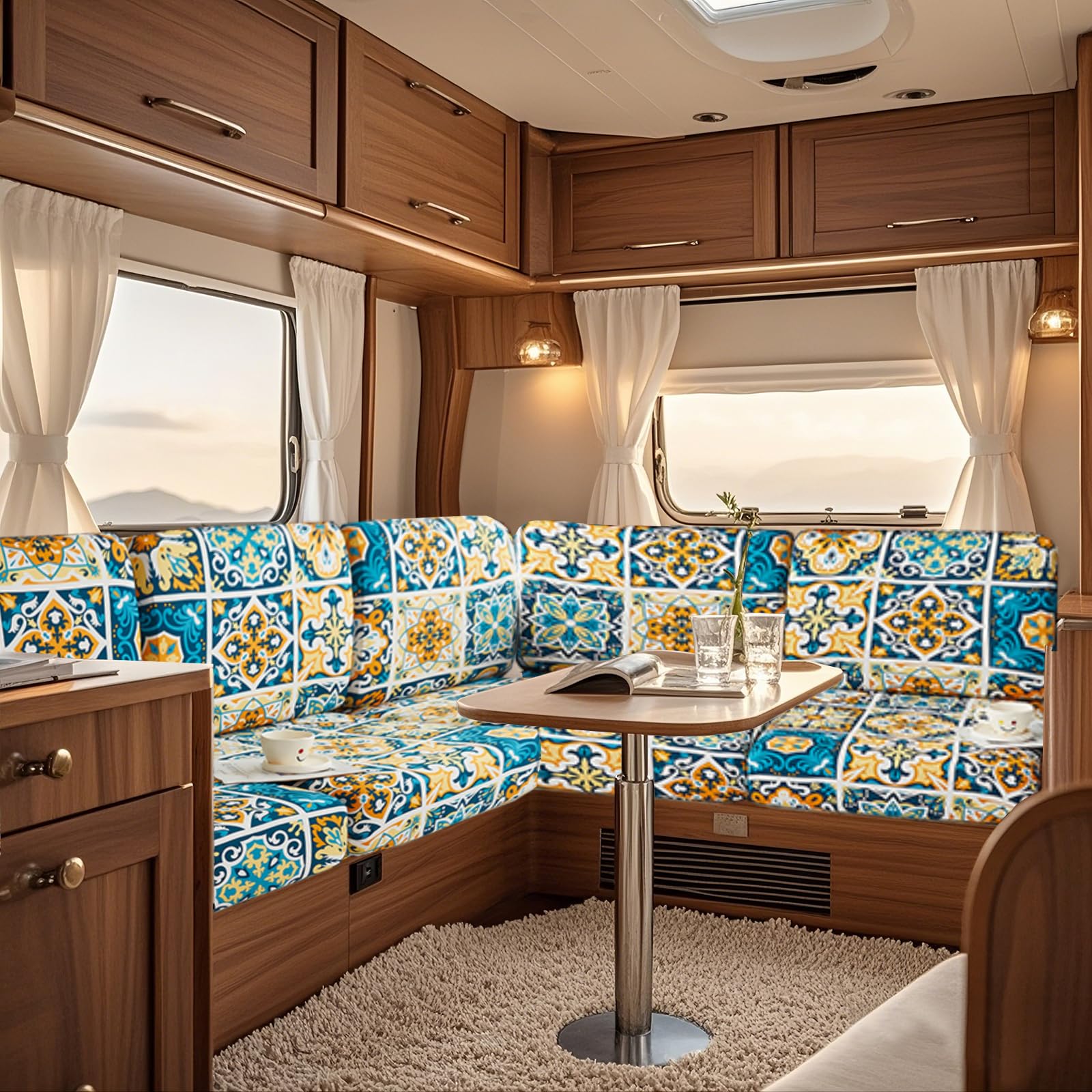 UNBBRRL Fit Stretch Caravan Seat Cover, Non Slip Elastic Fabric Printed Pattern RV Dinette Cushion Cover, Protector for Motorhome Sofa Bench with 4 Straps (blue flower,4 seater)