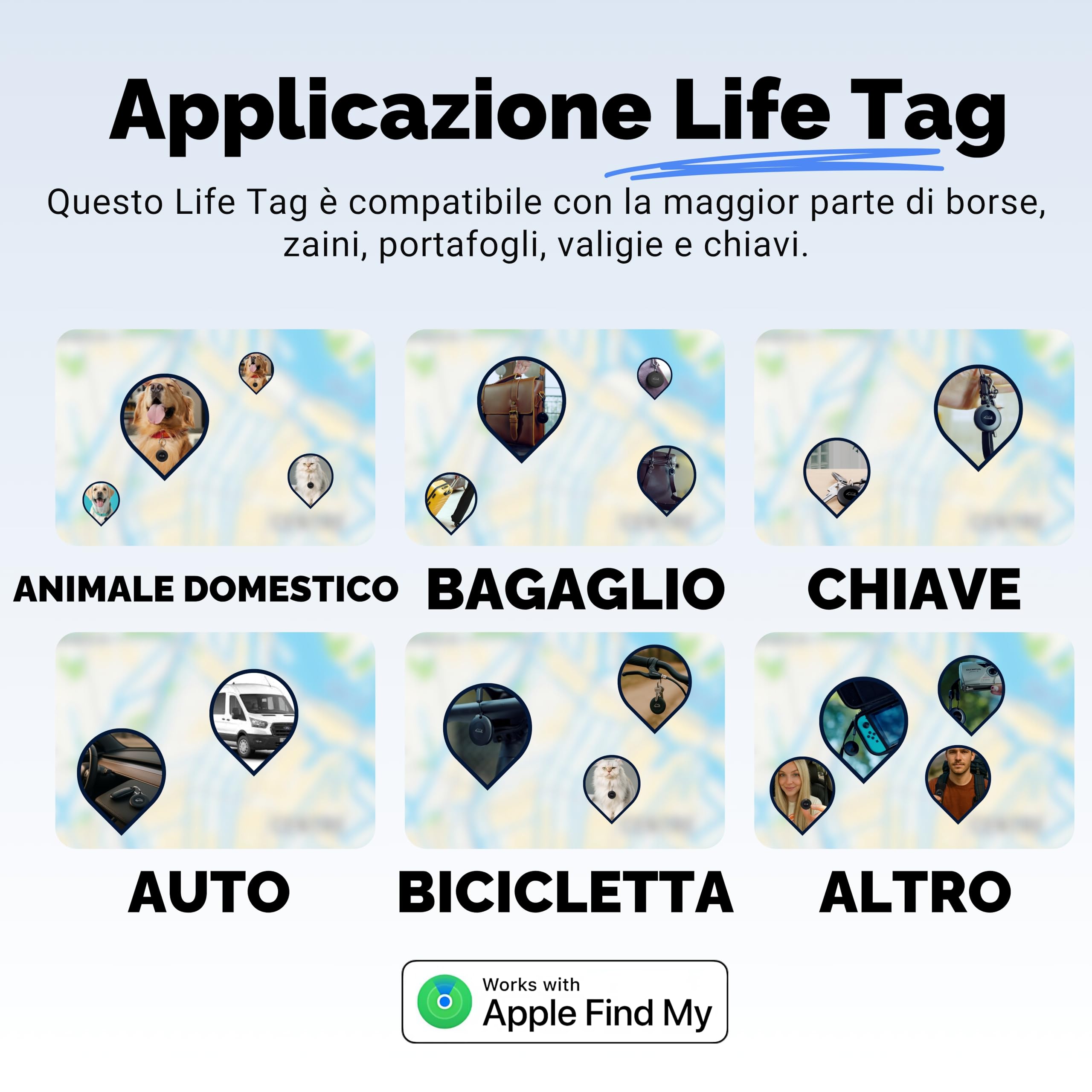 Lifemate Life Tag 8-Pack Tracker Bluetooth Compatibile con Apple iOS, Funziona con App “Dov’è”, Localizzatore per Chiavi, Portafogli, Valigie e Zaini, Impermeabile IP67, Batteria Lunga Durata