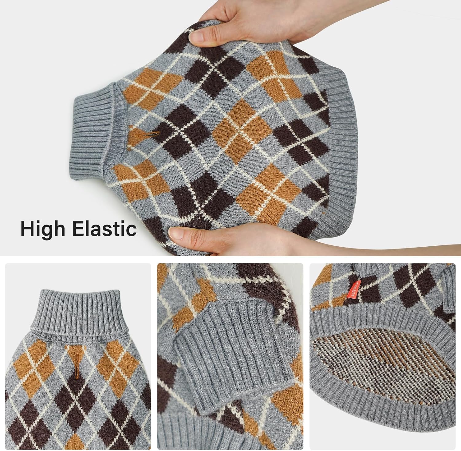 KYEESE Diamond Plaid Dog Sweater With Long Sleeve Turtleneck for Small Dogs - Thick Warm Clothes, Gray, Medium, 1#Grey