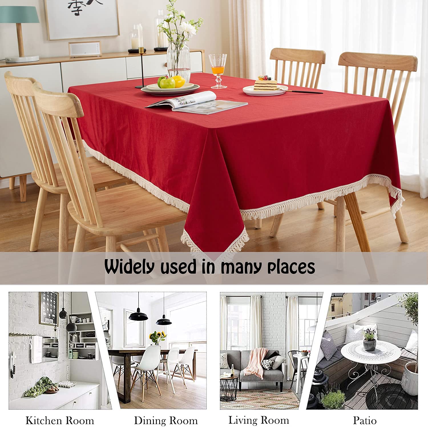 Tovaglia di lino impermeabile 228,6 x 228,6 cm, senza pieghe, lavabile, semplice tinta unita con nappe, perfetta per cucina, cene, feste, vacanze, buffet, Natale.