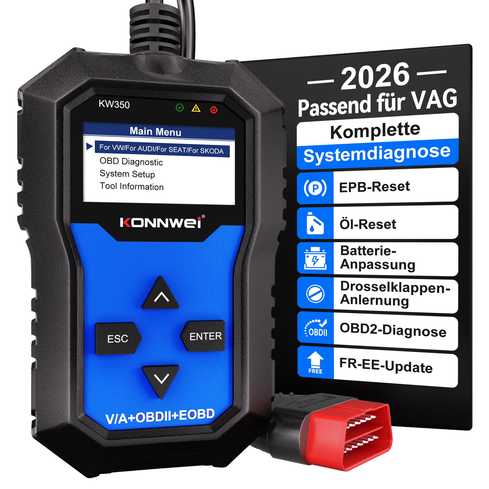 KONNWEI KW350 OBD2 Diagnosegerät Auto, Fehlercode Auslesegerät für VW/Audi/Skoda/Seat Fahrzeuge Diagnose, Motorkontrollleuchte OBD2 Scaner mit BMS/DKA/EPB Öl Reset in Deutsch