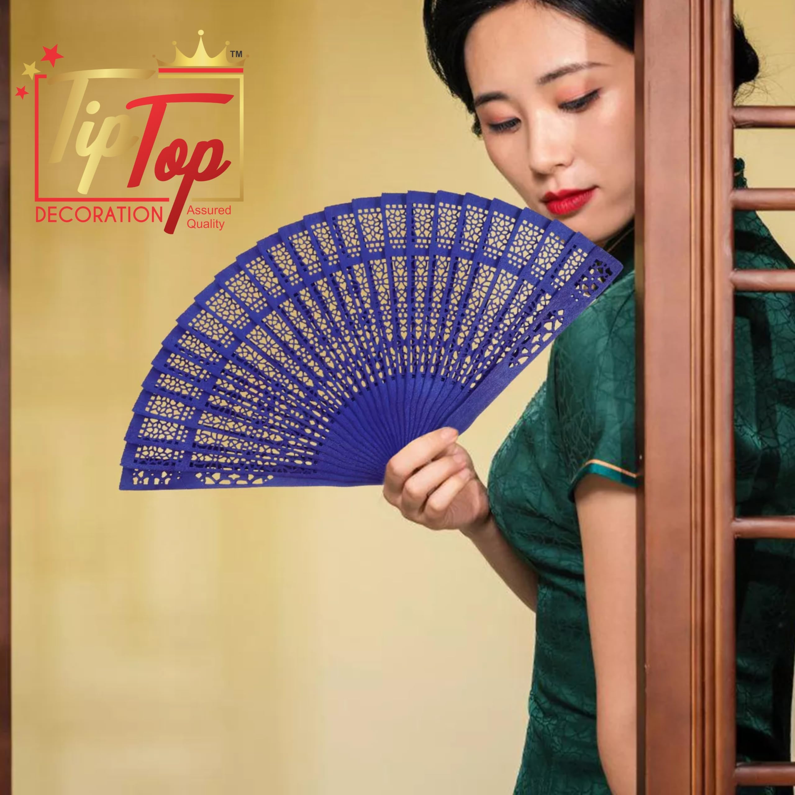 TIPTOP DECORATION Premium Traditional Dyed Folding Wooden Hand Held Fan (Coal Black, Pack Of 1) 3