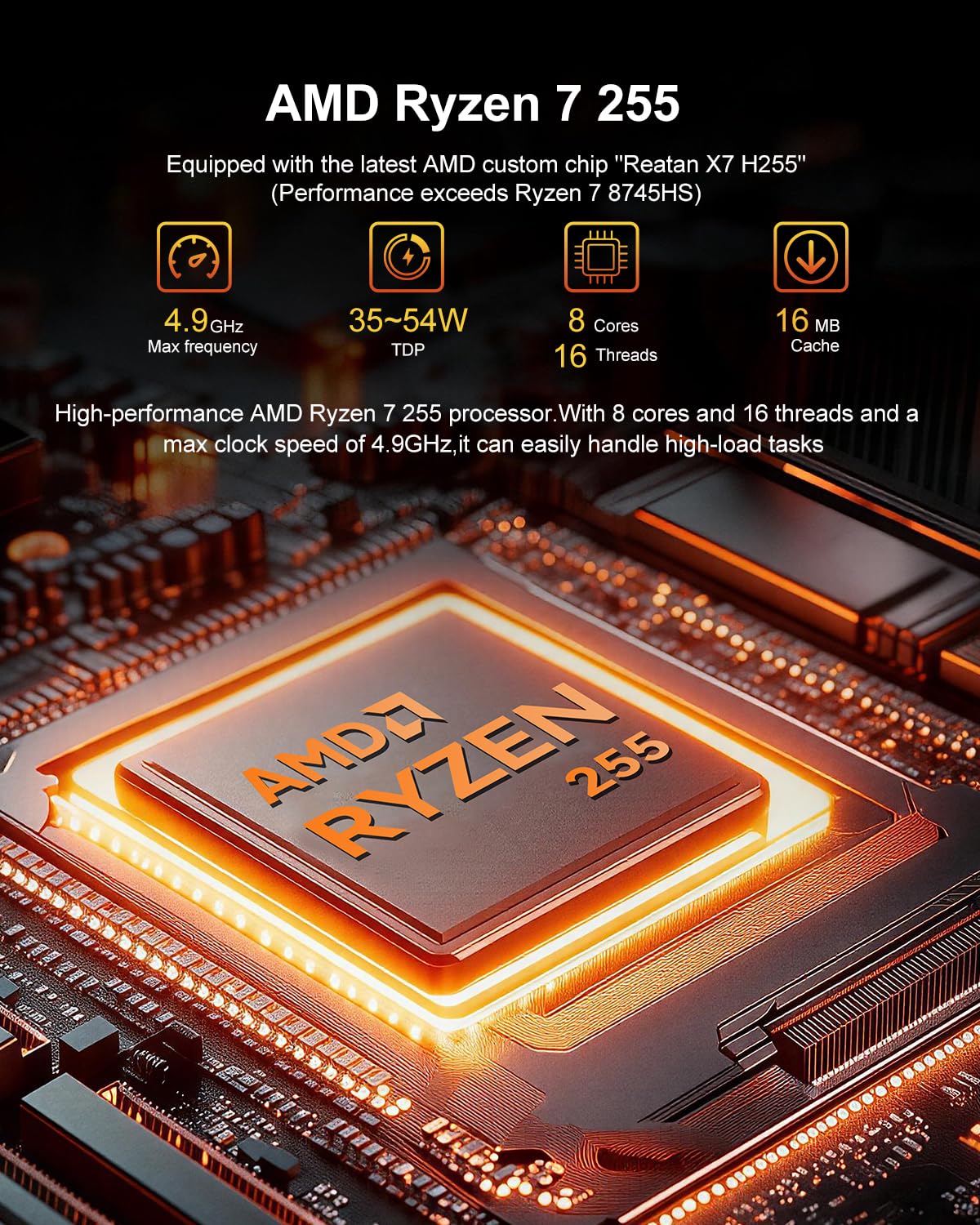 Reatan X7 Mini PC, AMD Ryzen 7 255 (Supera al 8745HS),48GB DDR5,2TB SSD M.2 2230 PCIe 4.0,(8C/16T, hasta 4,9 GHz), OCuLink, Pantalla cuádruple,Doble USB4,WiFi 7,BT5.4,Mini Ordenador