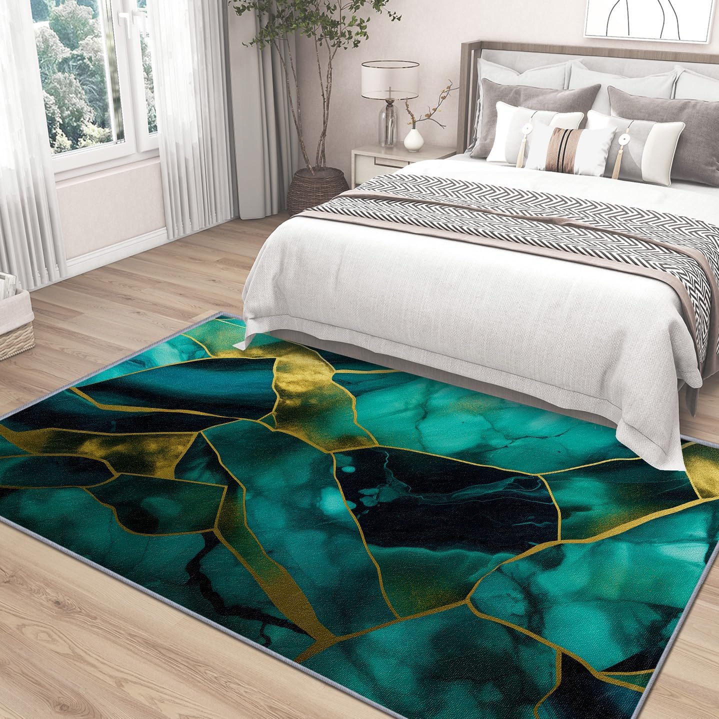 Marble Rug for Entryway Indoor - 2x3ft - Teal Green Gold Washable Non Slip Low Pile Small Rug for Bedroom, Abstract Modern Luxury Floor Mats Home Decor