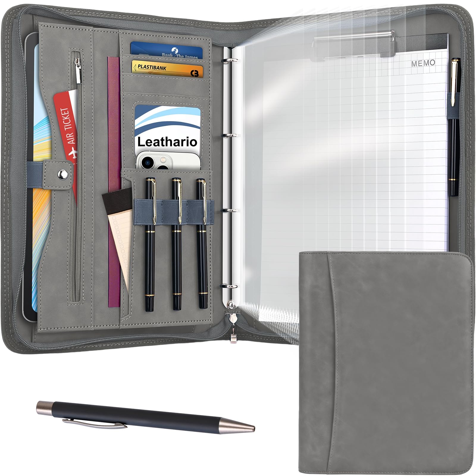 Leathario Portfolio Folder A4, Vegan Leather 4-Ring Conference Folder with Notepad, Includes 10 Clear Sheet Protectors and a Pen, A4 Leather Document Folder, Travel Document Holder, Office Suppilies