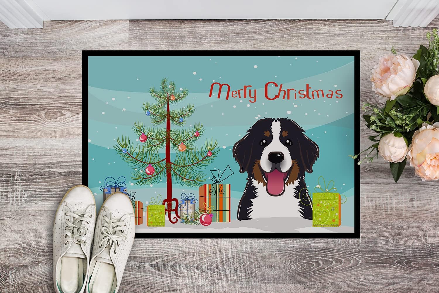 Caroline's Treasures BB1609JMAT Christmas Tree and Bernese Mountain Dog Doormat 24x36 Front Door Mat Indoor Outdoor Rugs for Entryway, Non Slip Washable Low Pile, 24H X 36W