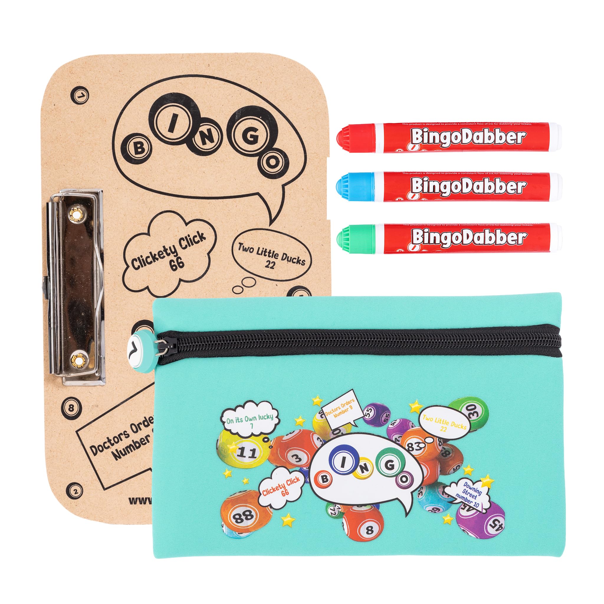 evelay Bingo Dabber Case Holder Gift Set | Includes 3 Bingo Dabbers, 1 Bingo Board & Storage Bag | 20ml Non-Drip Markers | 6 Bag Colours with Lucky Number Zip Pull for Bingo Lovers