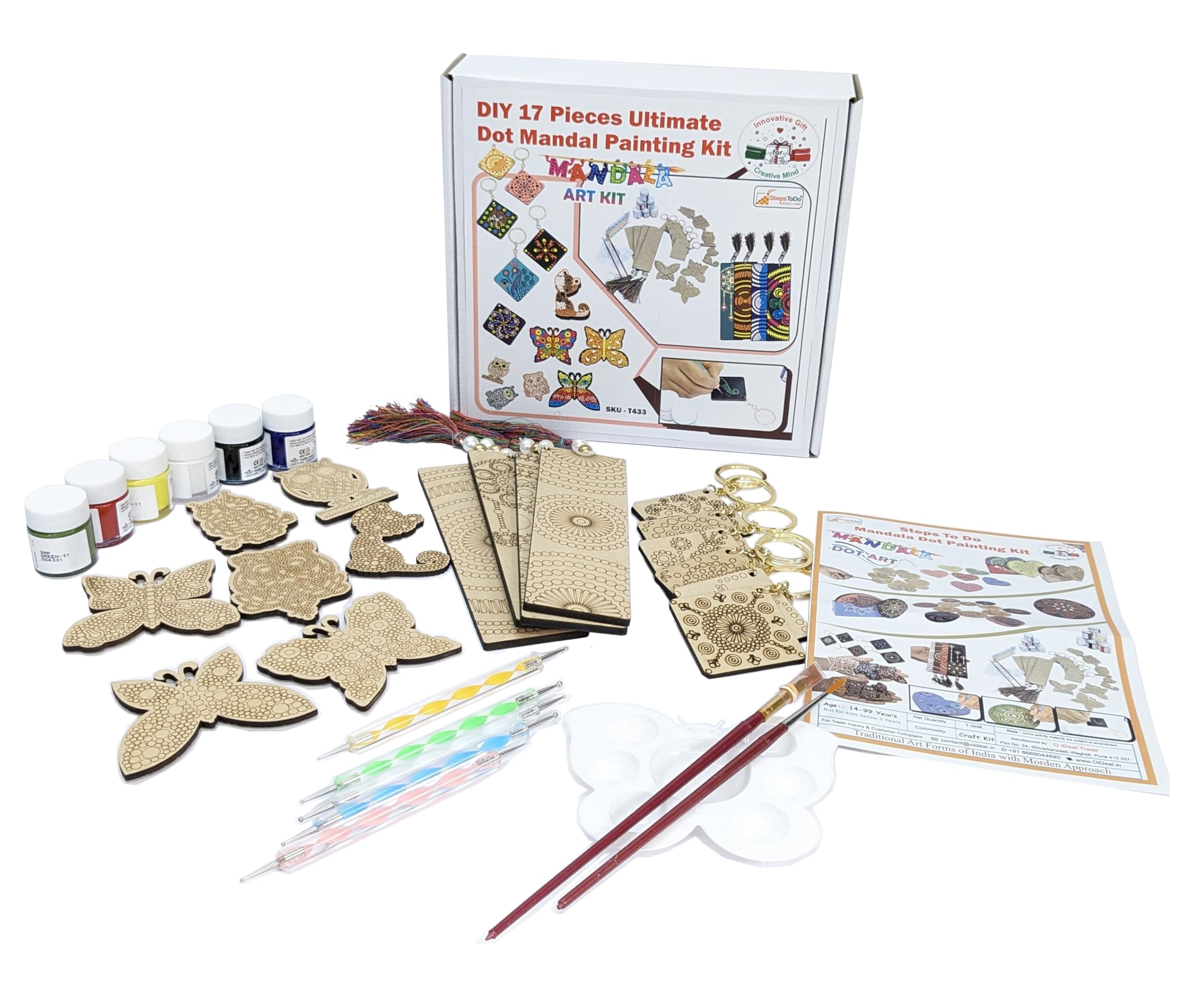 StepsToDoDIY 17 Pieces Ultimate Dot Mandala Painting Kit. Painting Kit with Pre-Mark Wooden Keychain (6), Fridge Magnets (7), Bookmark (4) Tools, Paint Brush, 6 Acrylic Colors, Color Pallet.
