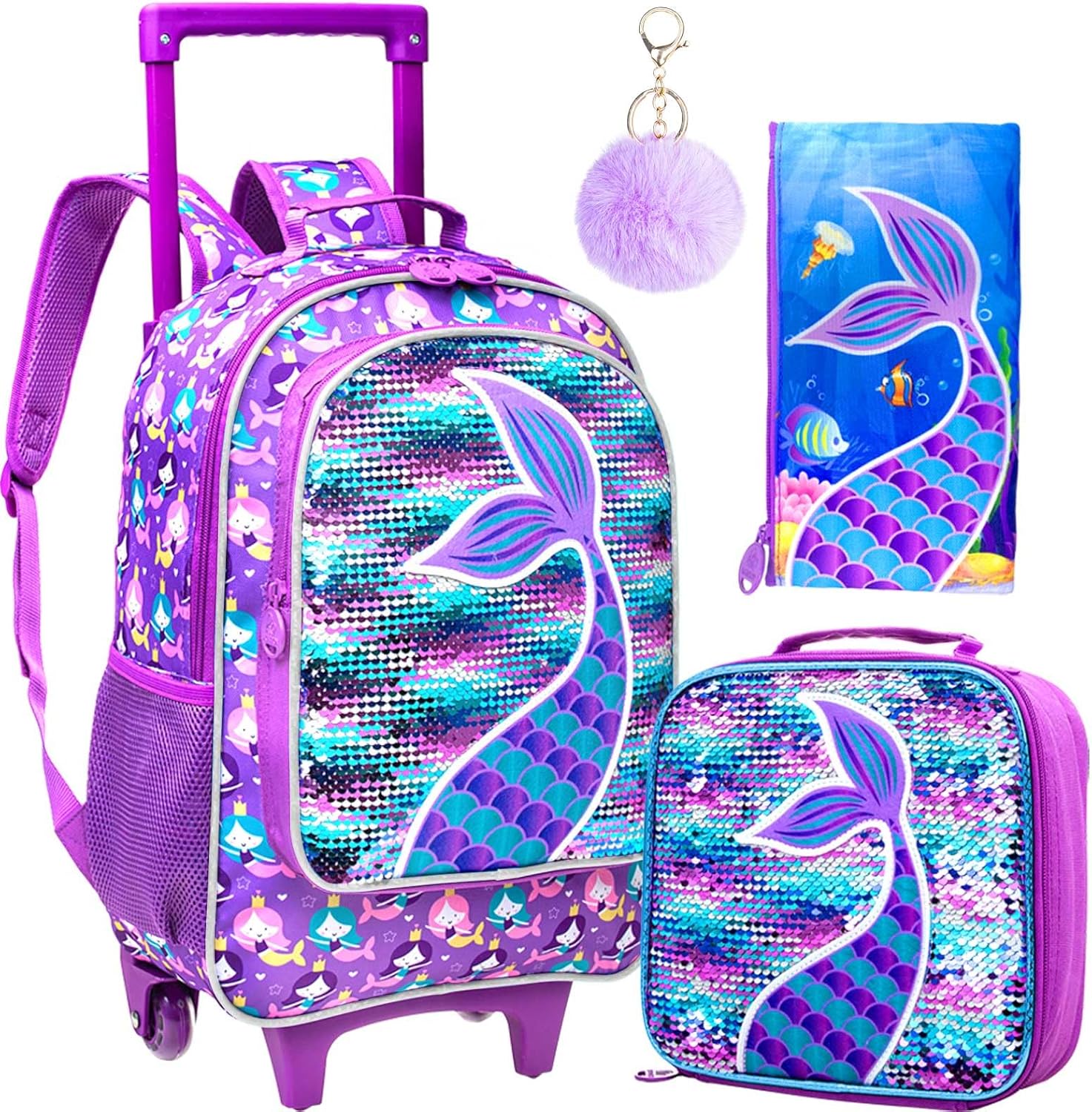 AGSDON 3PCS Rolling Backpack for Girls Boys, Kids Roller Wheels Bookbag, Wheeled School Bag with Lunch Bag