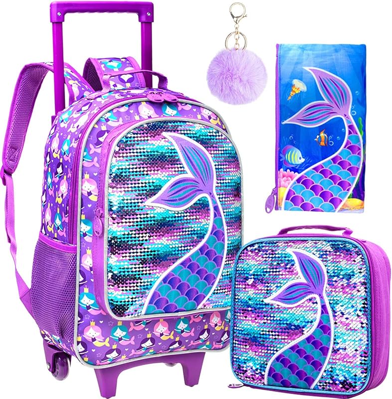 3PCS Rolling Backpack for Girls Boys, Kids Roller Wheels Bookbag, Wheeled School Bag with Lunch Bag