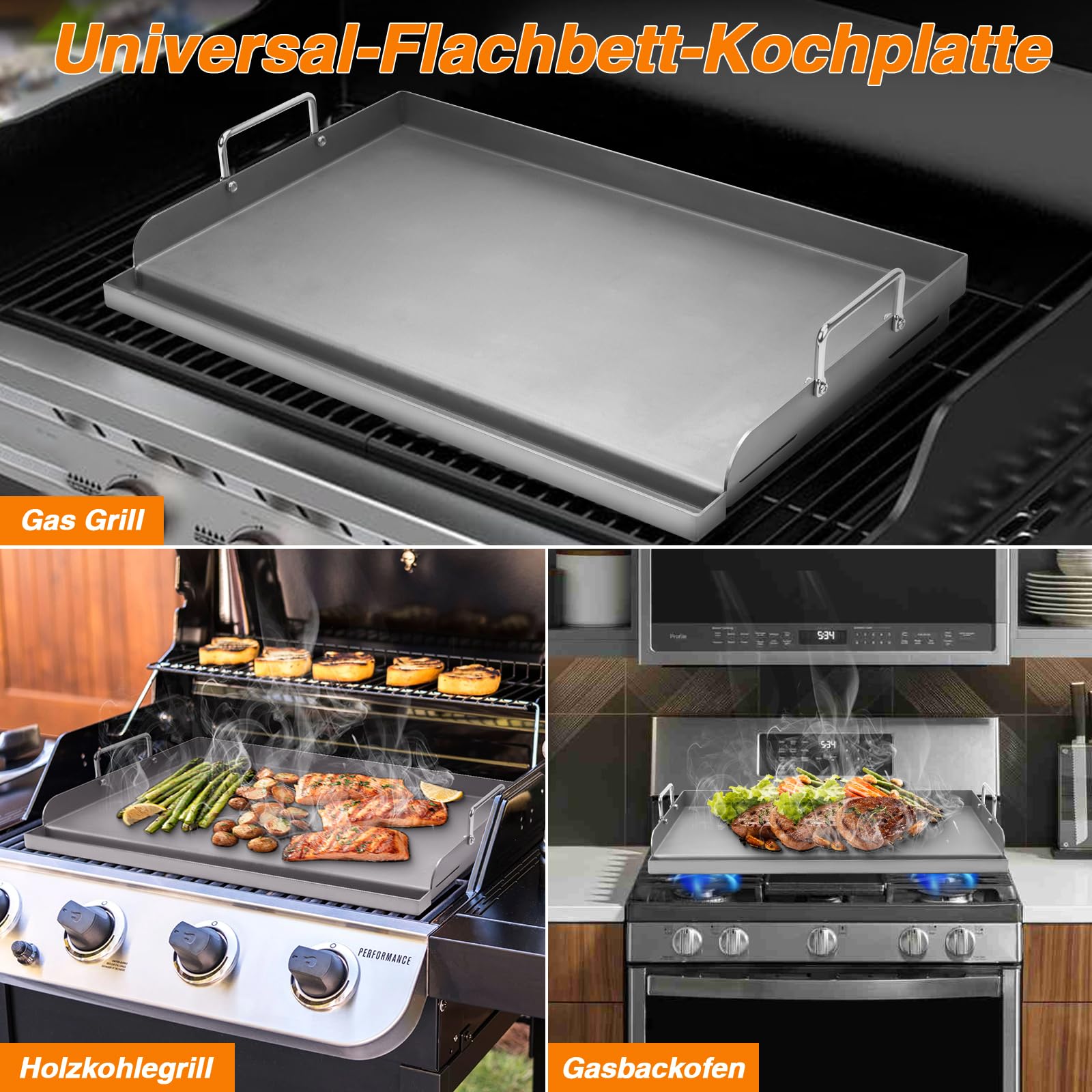Universal BBQ Plancha Grillplatte Griddle für Weber Gasgrill und Holzkohlegrill, Grillplatten für Burger, Gasgrill und mehr, Rechteckig,63,5 x 40,6 CM Universal Grillpfanne mit Abnehmbarer Griff