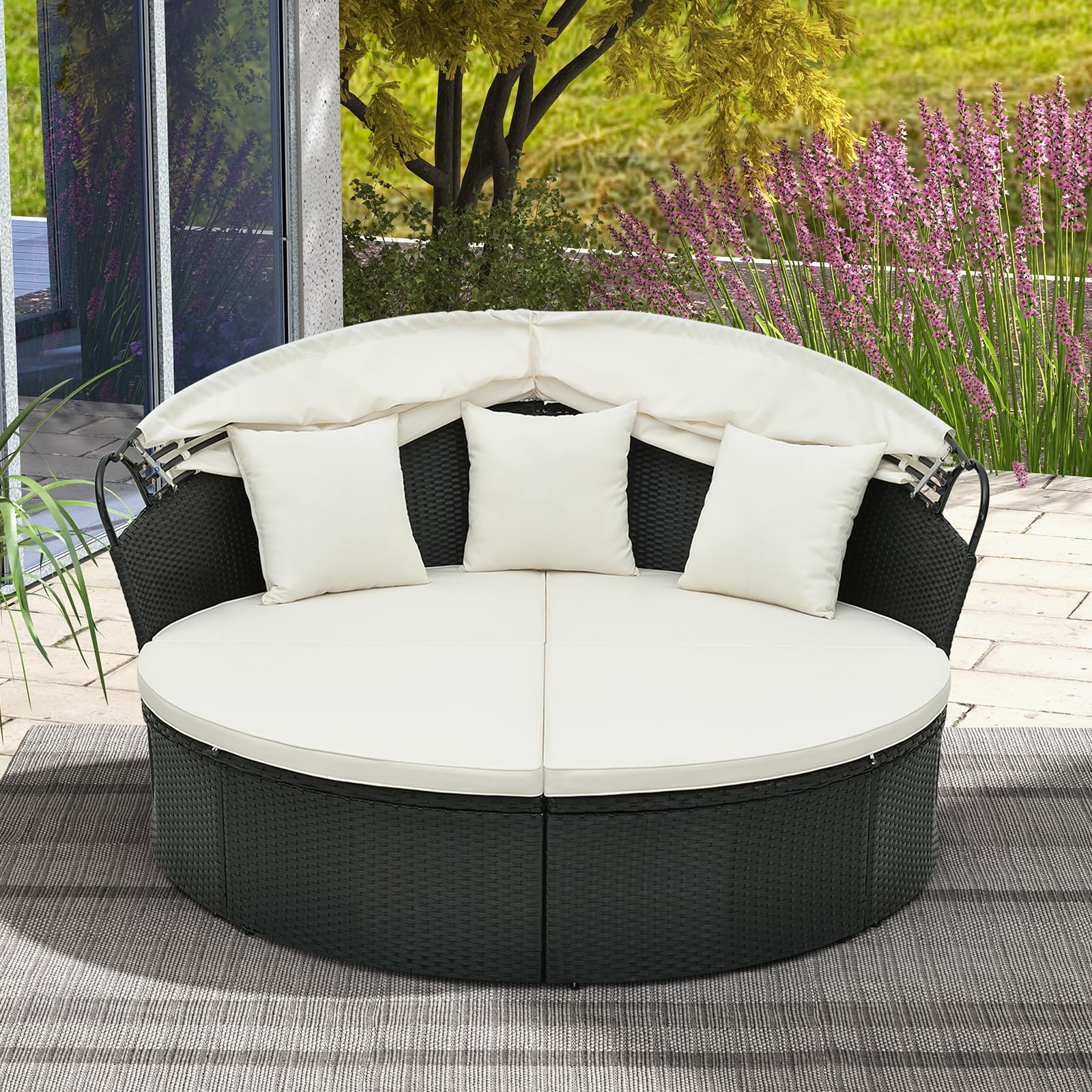 GIANTEX Isola prendisole con lettino e cuscini, tettuccio pieghevole, rattan lounge da giardino, sdraio da giardino, set rotondo φ187 cm per 2-3 persone, mobili da giardino per terrazzo (Bianco)