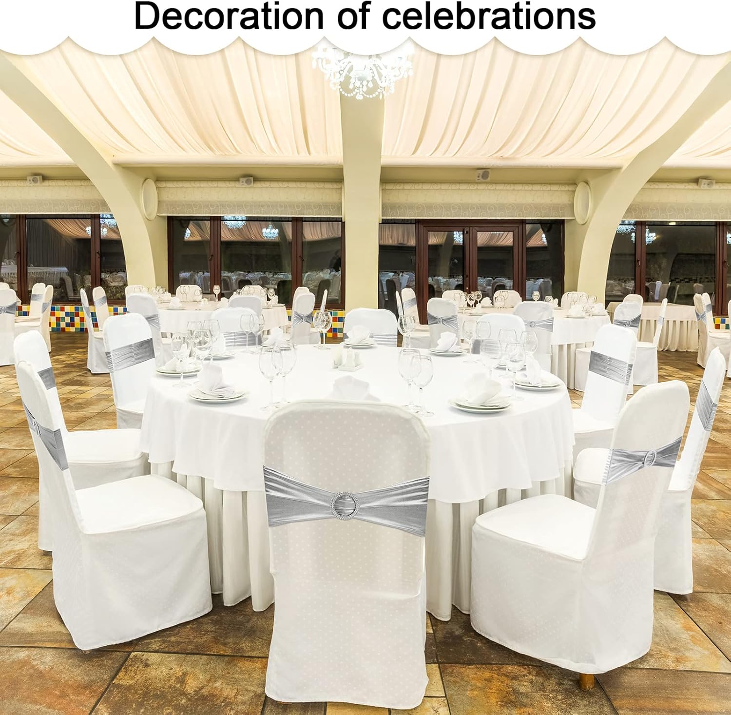 Oudain 120 Pieces Spandex Chair Sashes with Buckle Stretch Chair Cover Bands Bows for Wedding Hotel Banquet Events Decorations Sashes(Silver)