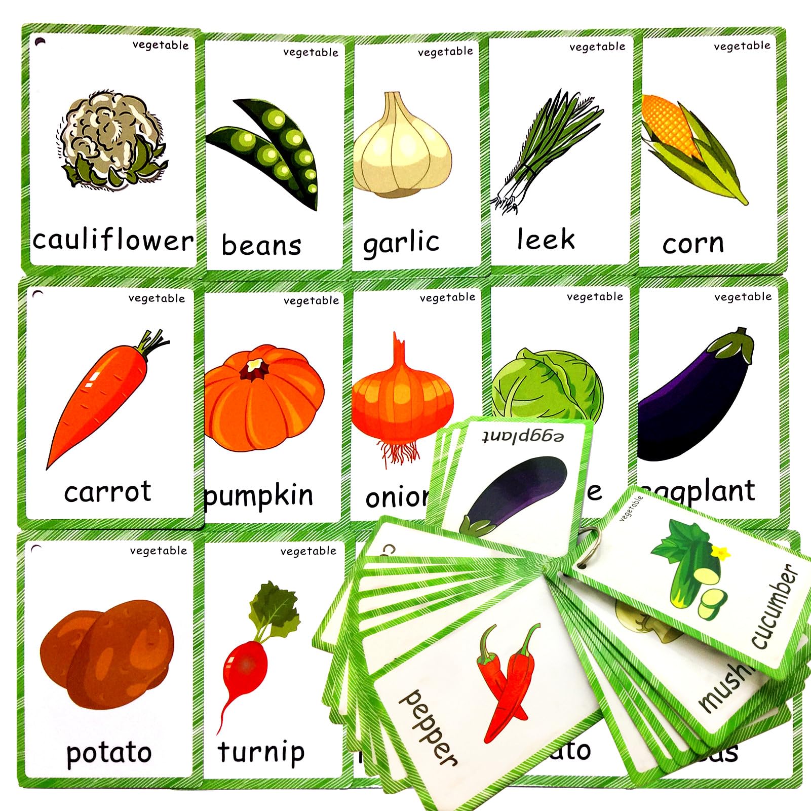 20 Pcs Vegetable Flash Cards, Learning First English Word Cards for Teacher/Autism Therapists Home school ESL Teaching Aid Materials, Tools