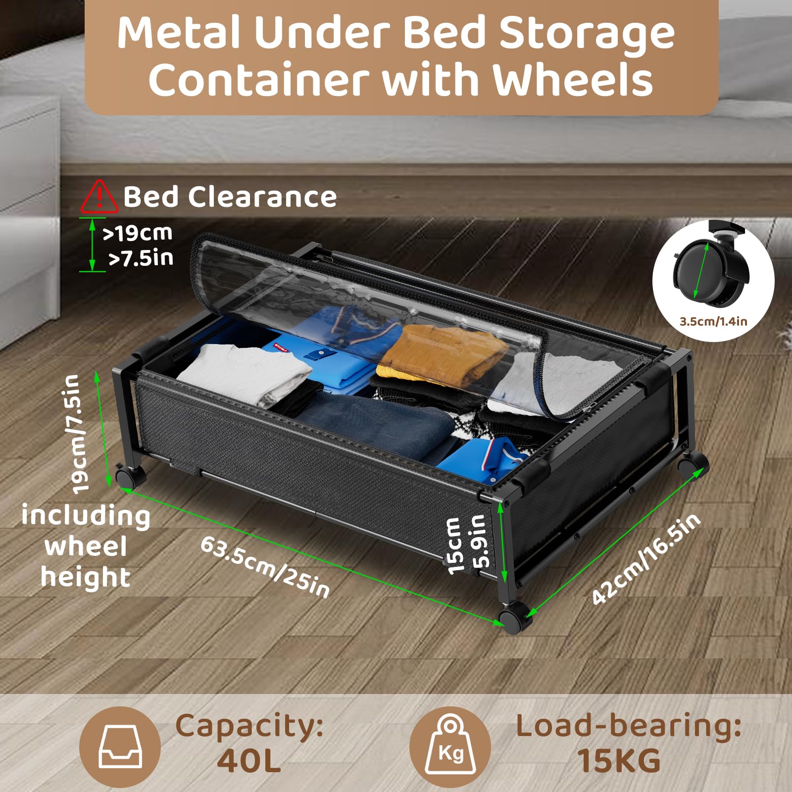 Cajas de almacenamiento grandes para debajo de la cama con ruedas con tapa divisores ajustables, cajones de almacenamiento de metal rodantes debajo de la cama, organizador debajo de la cama de