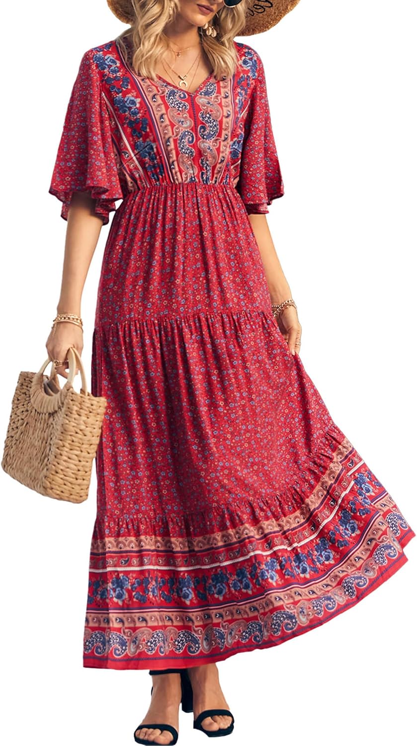 PRETTYGARDEN Women's Summer Boho Floral Dress Casual Beach Vacation Sundress V Neck Short Sleeve Long Maxi Dresses