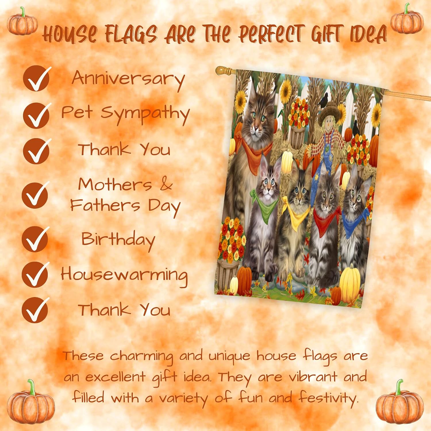 Fall Festival Maine Coon House Flag 28x40 Double Sided | 1 Cat Mom with 4 Kittens Sitting Among Scarecrow Pumpkins Black Crows Fall Flowers | Cat Owner Gifts | Autumn Hanging Porch Flag