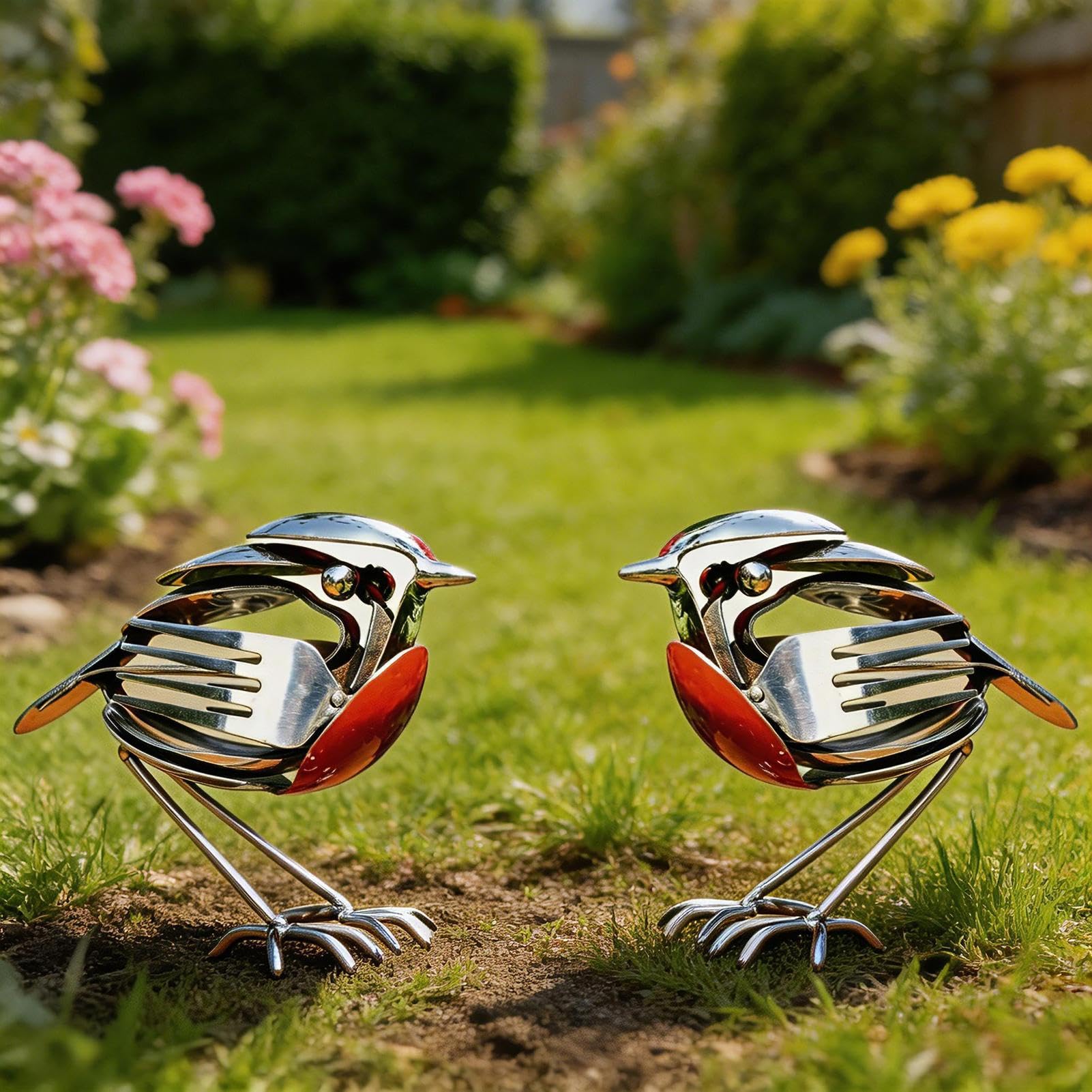 2PCS Metal Robin Bird Sculpture, Handcrafted Rustic Robin Bird Statue, Birds Figurines Garden Ornament Metal Art Sculpture Home Decor For Outdoor Yard Lawn