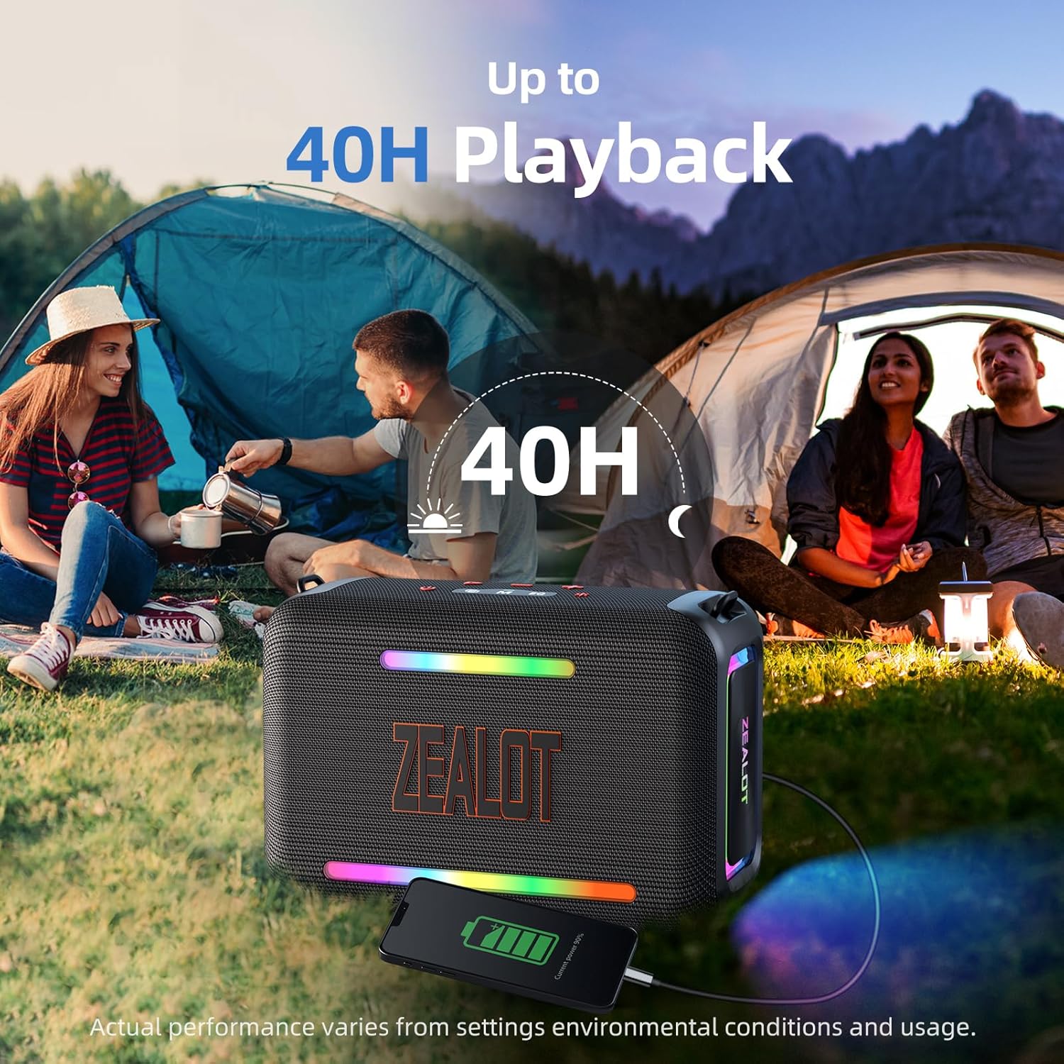 ZEALOT S95 speaker outdoors at a campsite, illustrating its 40-hour playback time and phone charging capability.