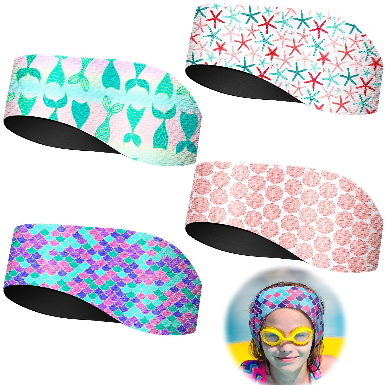 4 Pieces Kids Swimming Headband Adjustable Toddler Swimmer's Headband Waterproof Water Ears Band 24 Inch Mermaid Tail Shell Starfish Kids Swimming Ear Covers for Ear Protection