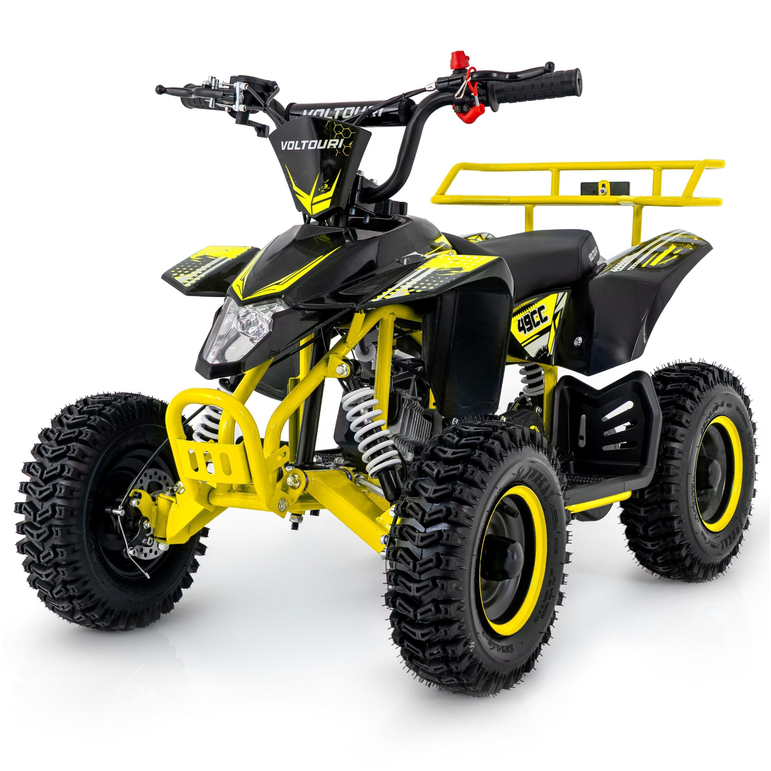 Mini quad 49cc Benzin ATV, 6 Zoll Offroad-Reifen, Scheibenbremsen, LED-Licht und Gepäckträger (GELB, Pull-Start, LED)
