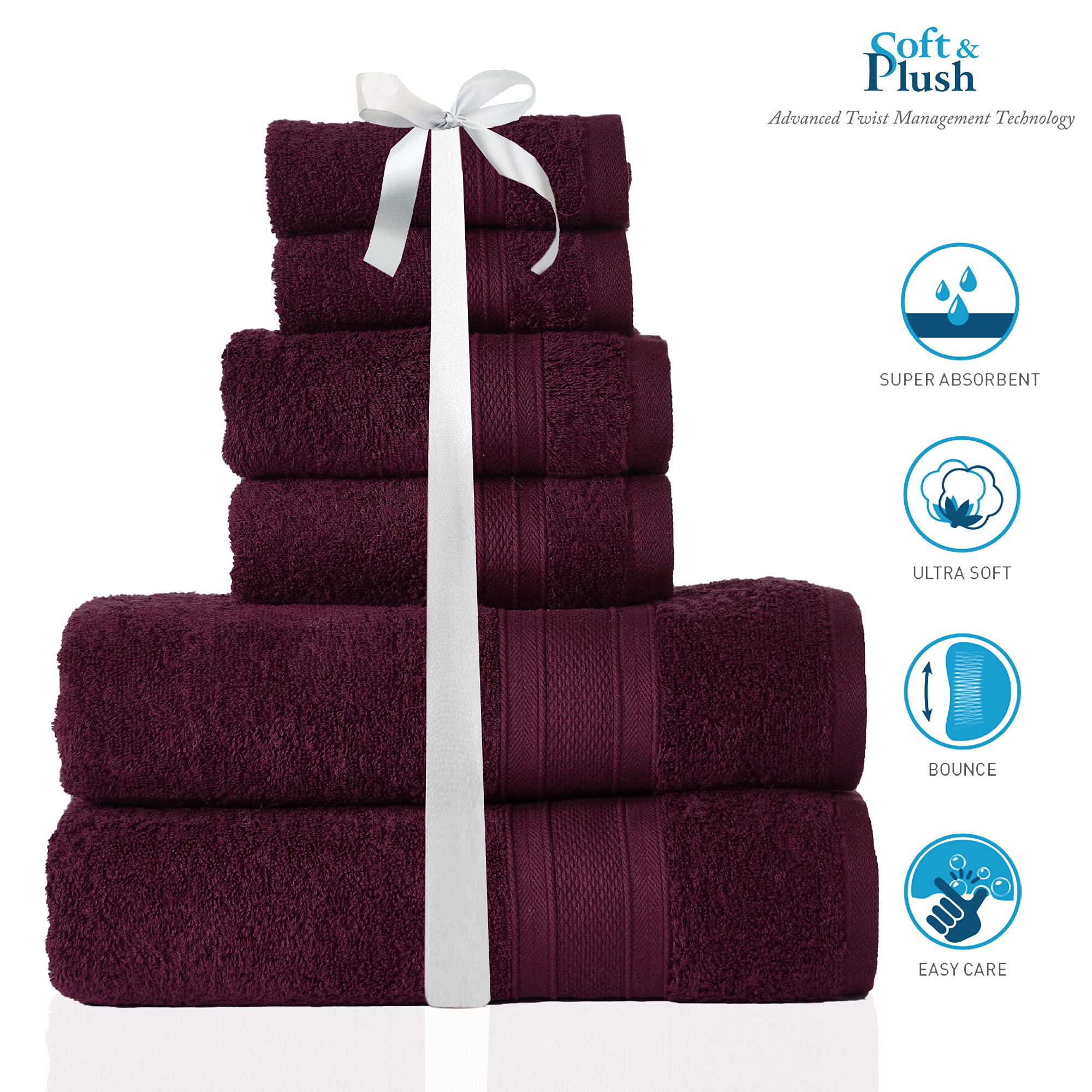 TRIDENT Soft and Plush, 100% Cotton, Highly Absorbent, Bathroom Towels, Super Soft, 6 Piece Towel Set (2 Bath Towels, 2 Hand Towels, 2 Washcloths) , Towel Sets for College Dorm , Wine Red / Maroon