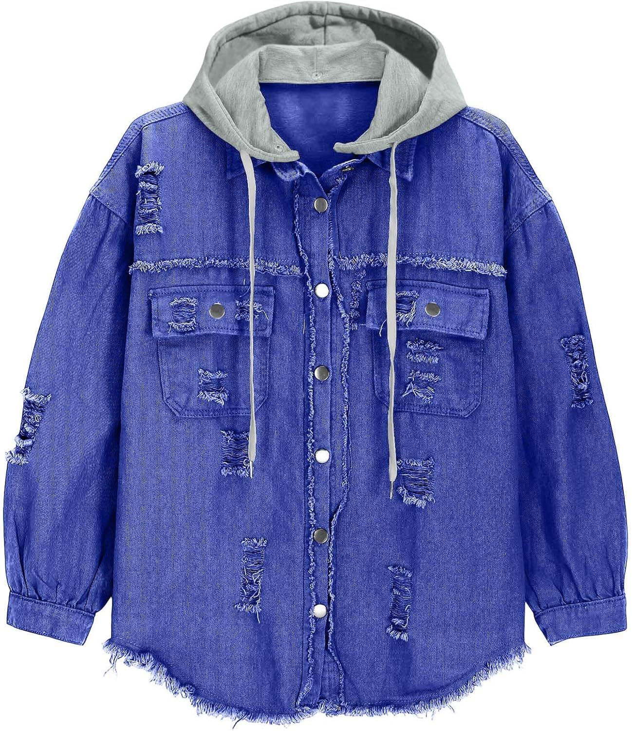 Jean Jacket Women Trendy Ripped Denim Button Down Shirt Oversized Lightweight Jeans Shacket With Detachable Hoodie - Image 4