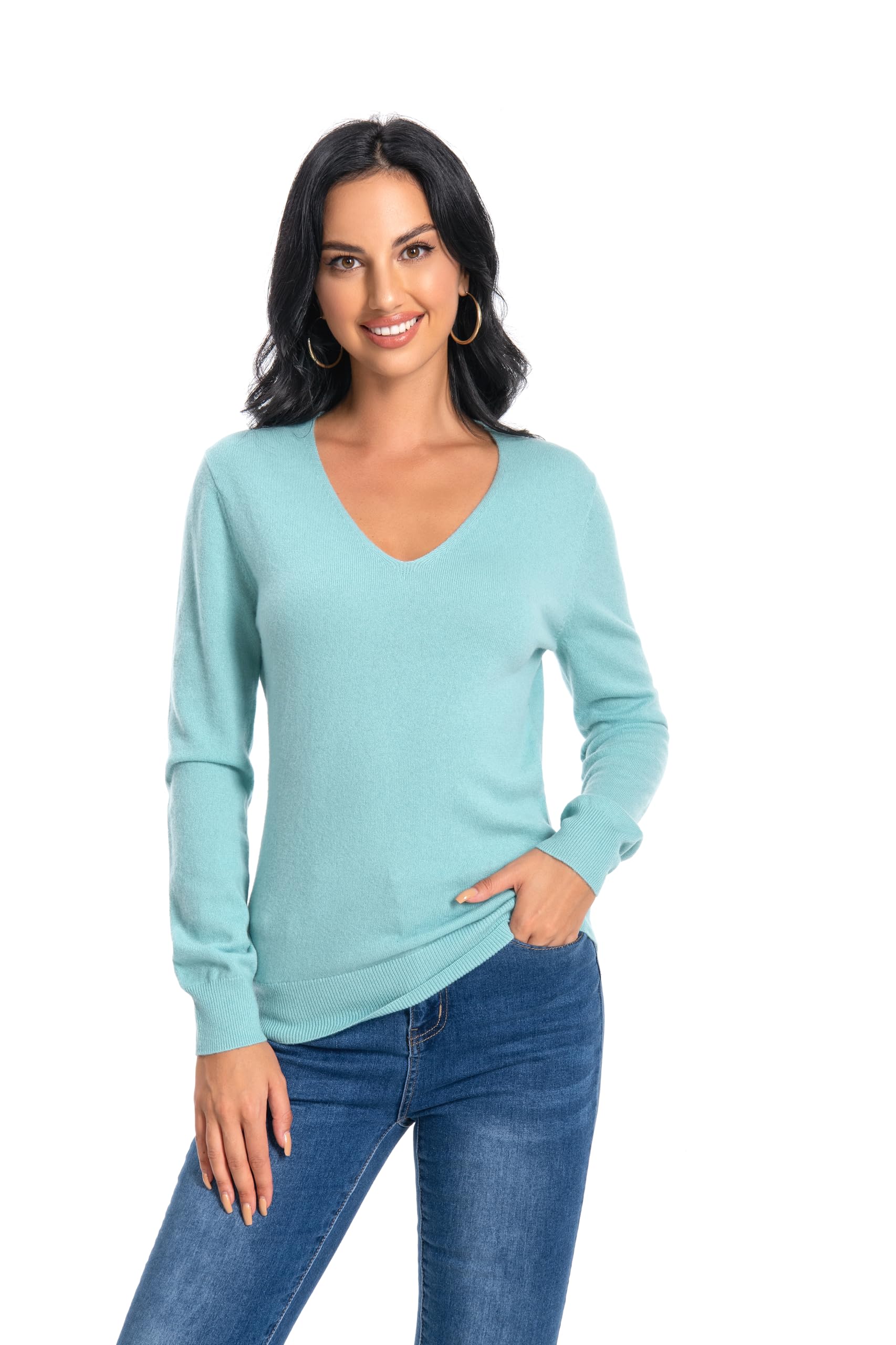 WOSICA Women‘s 100% Cashmere V-Neck Long Sleeve Pullover(Jasper L)