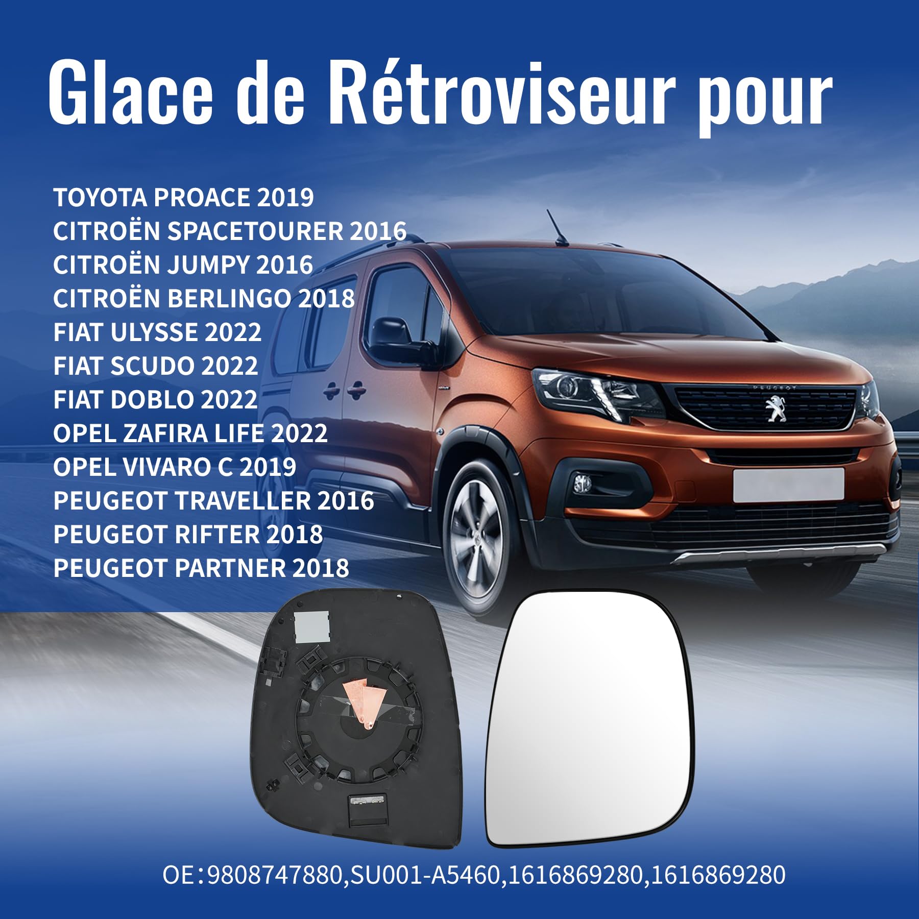Glace Rétroviseur Droit pour Berlingo 3/Jumpy 3 /Spacetourer/Expert/Traveller/Vivaro C/Zafira Life/Proce City, Chauffant Convexe