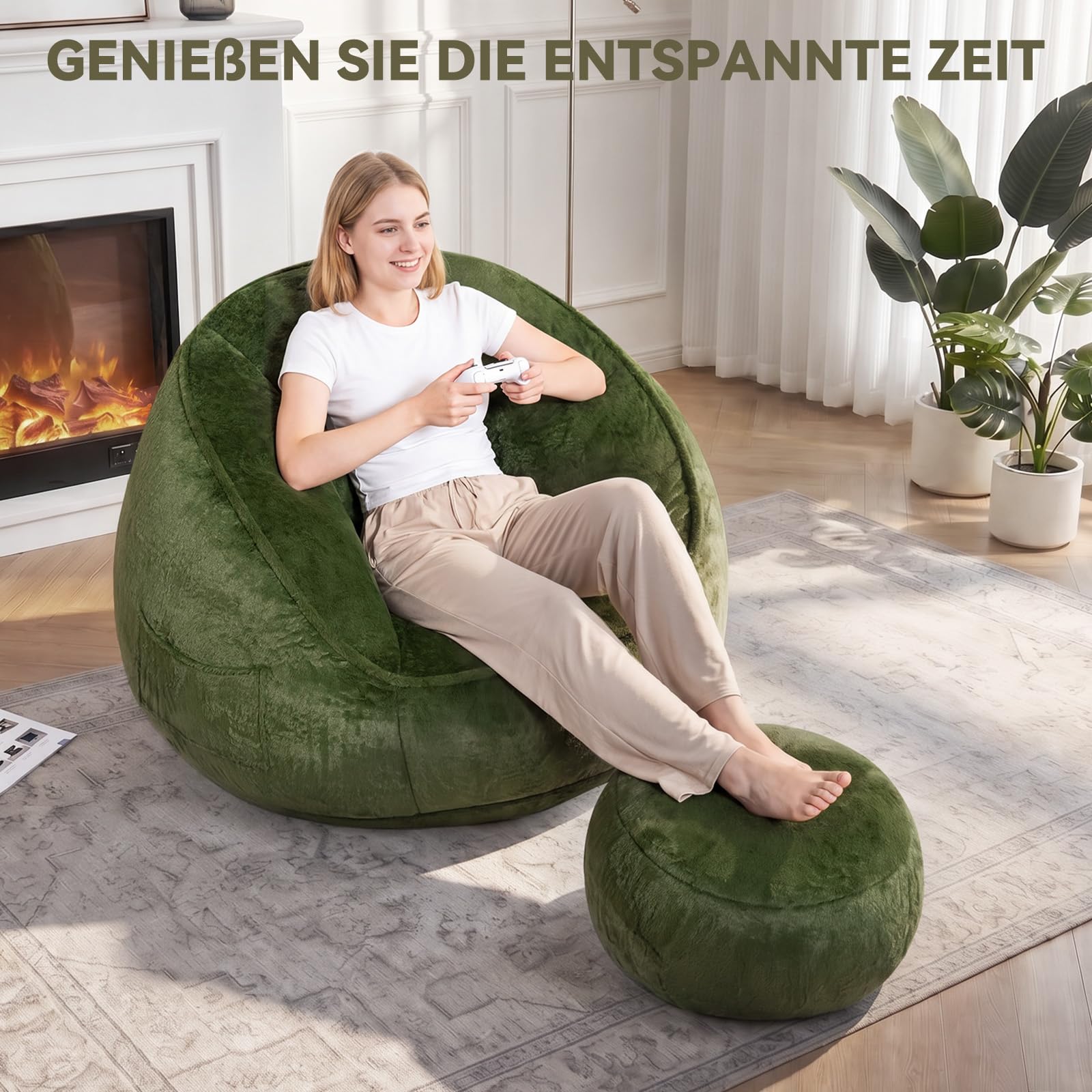 HOMMPA XXL Sitzsack mit Hocker und Füllung für Erwachsene,Grün