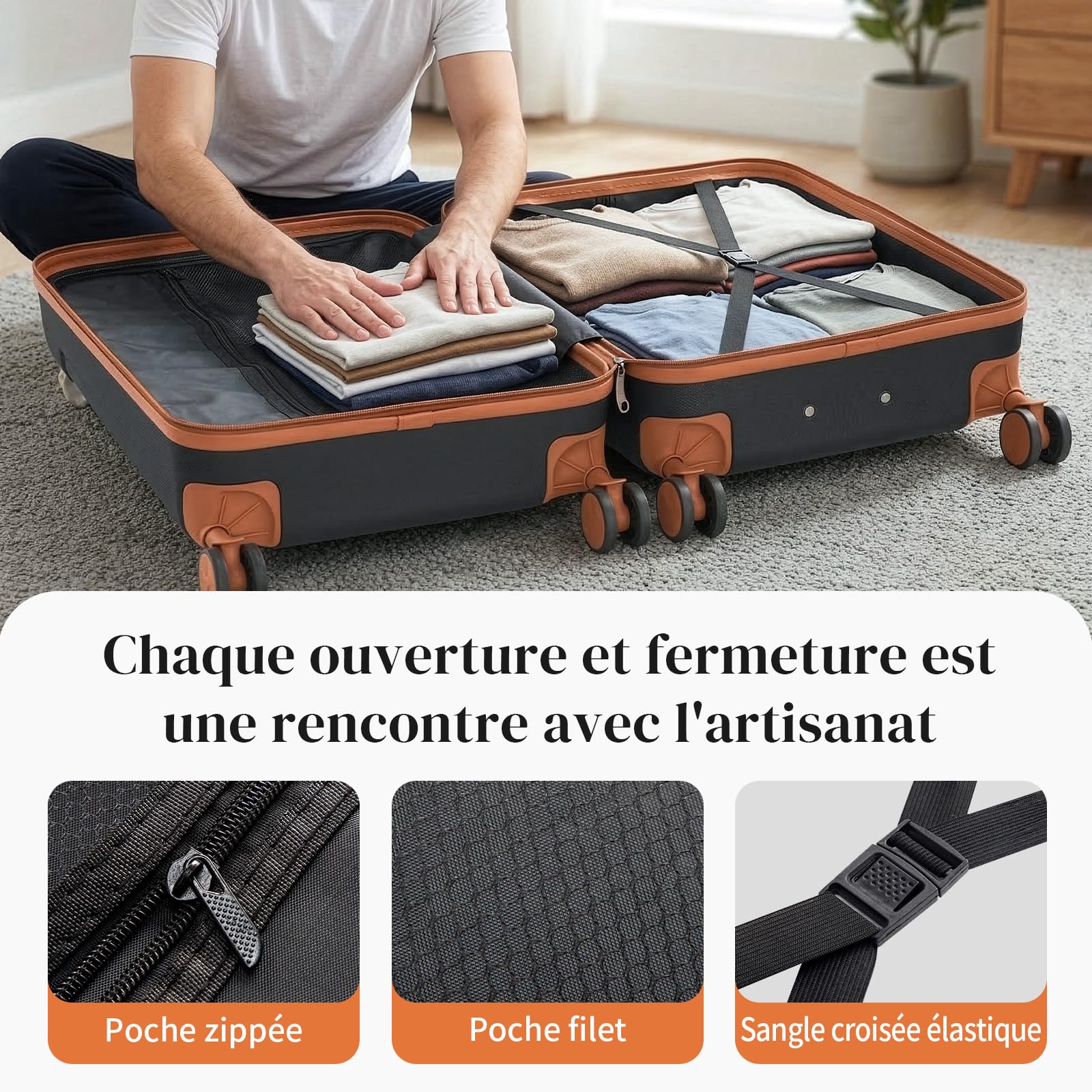 LEADZM Set de 3 Valises de Voyage (Noir-Brun)