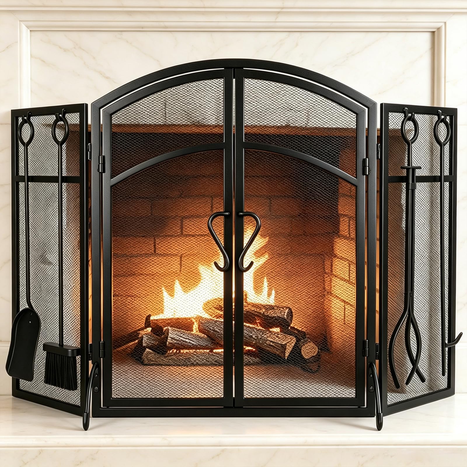 Gtongoko 3 Panel Fireplace Screen with Doors &amp; 4-Pcs Fireplace Tools Set
