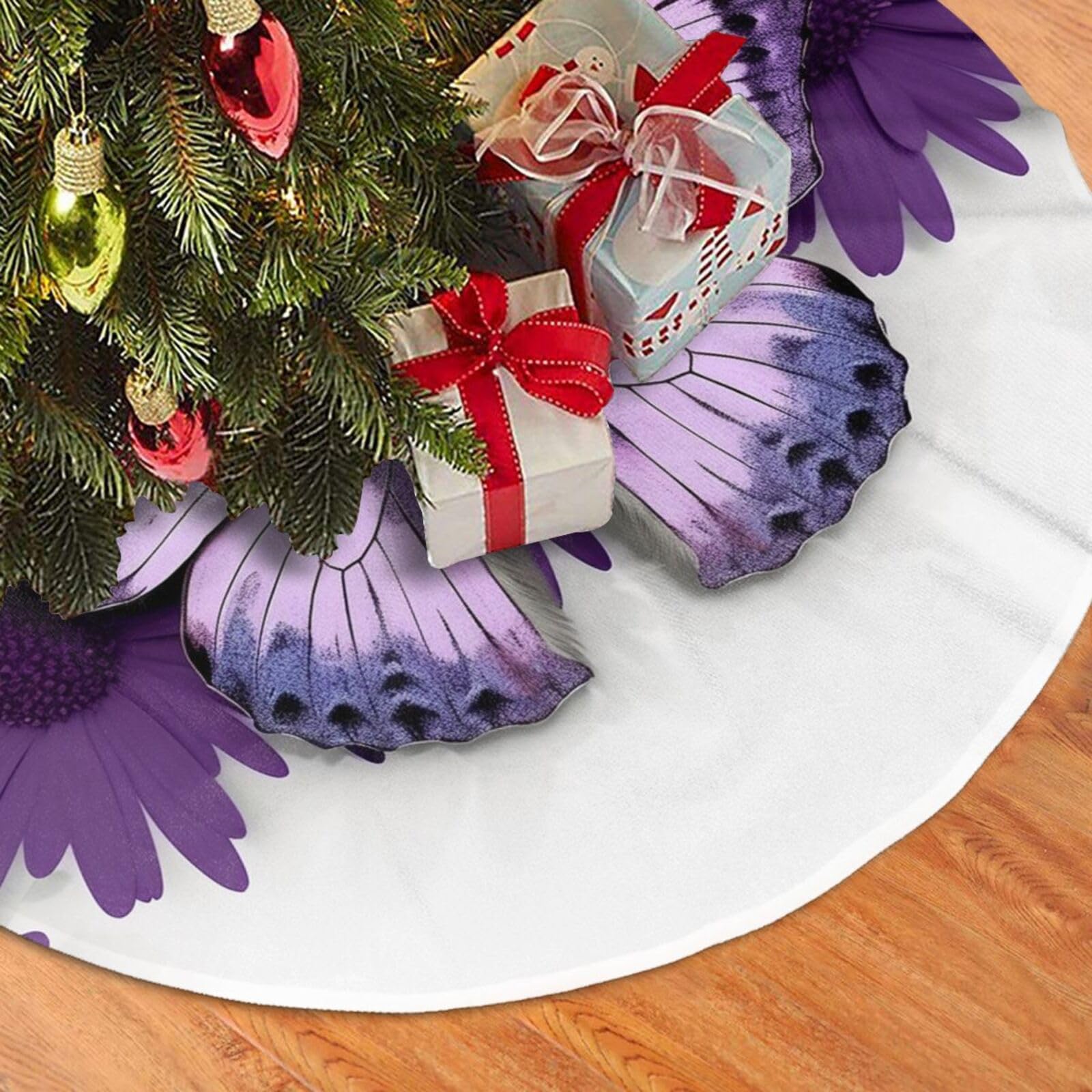 Fodpand Black Beautiful Butterfly Christmas Tree Skirt 48" Velvet Xmas Tree Skirt Mat Rustic Christmas Tree Mat Cover Winter Xmas Tree Collar For Indoor Outdoor Christmas Decorations