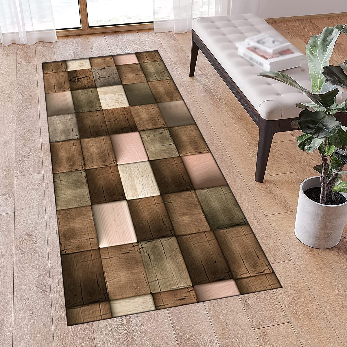 Tapis de couloir pour couloir et cuisine - Vintage - Motif géométrique traditionnel - Imitation planche de bois - Antidérapant et lavable