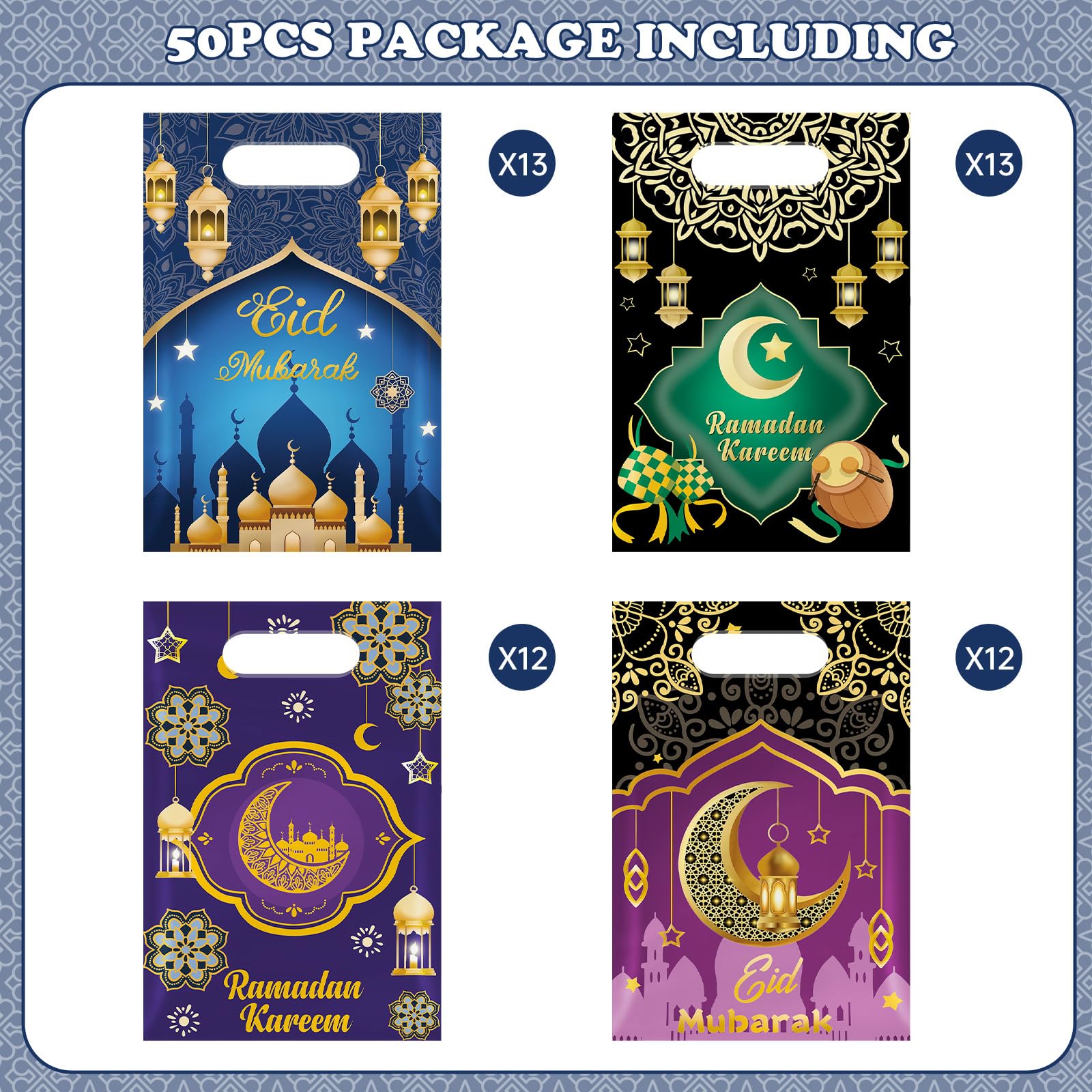 50 Pcs Ramadan Gift Bags with Handles - Eid Mubarak Goodie Bag, Ramadan Kareem Plastic Goody Candy Cookie Snack Treat Party Favor Bags Bulk for Islamic Muslim Eid Mubarak Party Supplies Favors,4 Style
