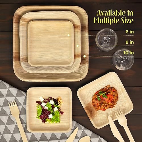 Miniatura 6 de Paquete de 150 platos cuadrados compostables de hoja de palma I 50 platos de 10 pulgadas, 50 cuchillos y 50 tenedores, juego de platos desechables