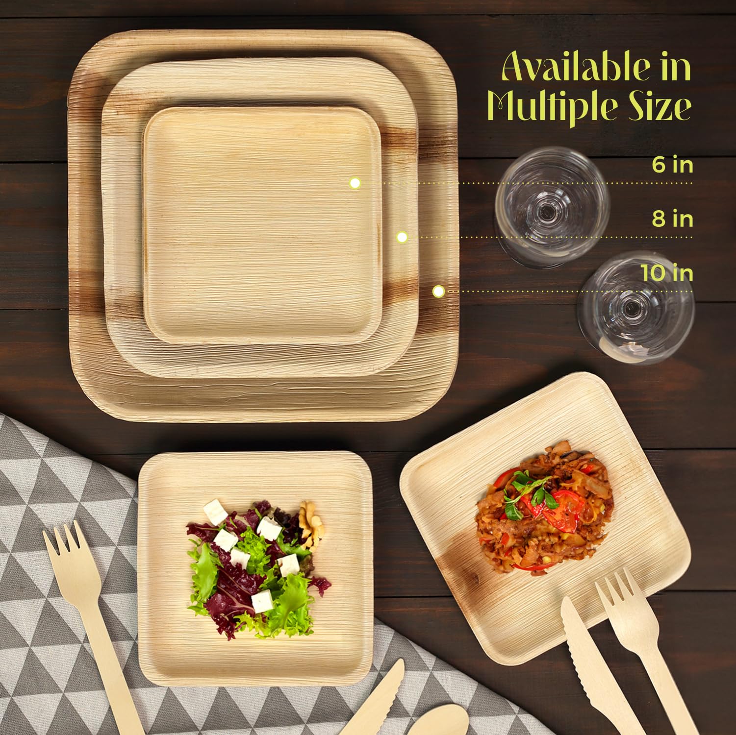 Lot de 300 assiettes carrées compostables en feuille de palmier I 100 assiettes de 25,4 cm, 100 couteaux et 100 fourchettes | Lot d'assiettes jetables de qualité supérieure I robustes et