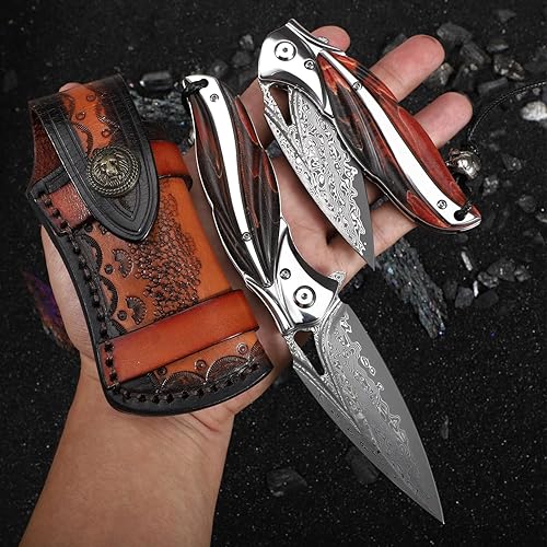 Miniatura 9 de Handmade Japanese VG10 Damascus steel Folding Pocket Knife，With leather case，Liner Lock，3.1in high hardness blade，Wooden Handle，men's folding knife
