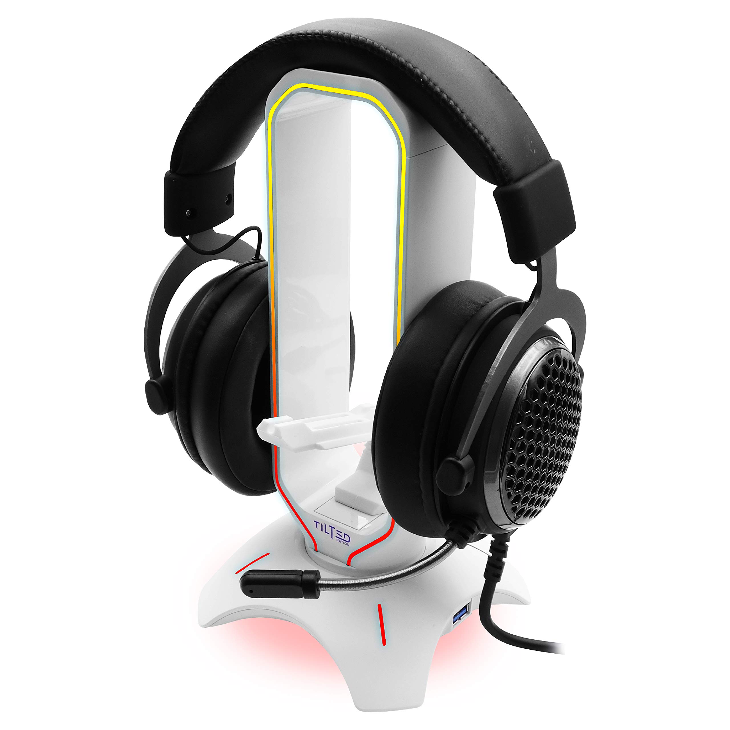 Tilted Nation RGB Gaming Headset Stand - 3 in 1 Headphone Stand with Mouse Bungee and 2 Port USB 3.0 Hub - The Ultimate Gaming Accessory - Dynamic RGB Headphone Holder with USB Charger - White