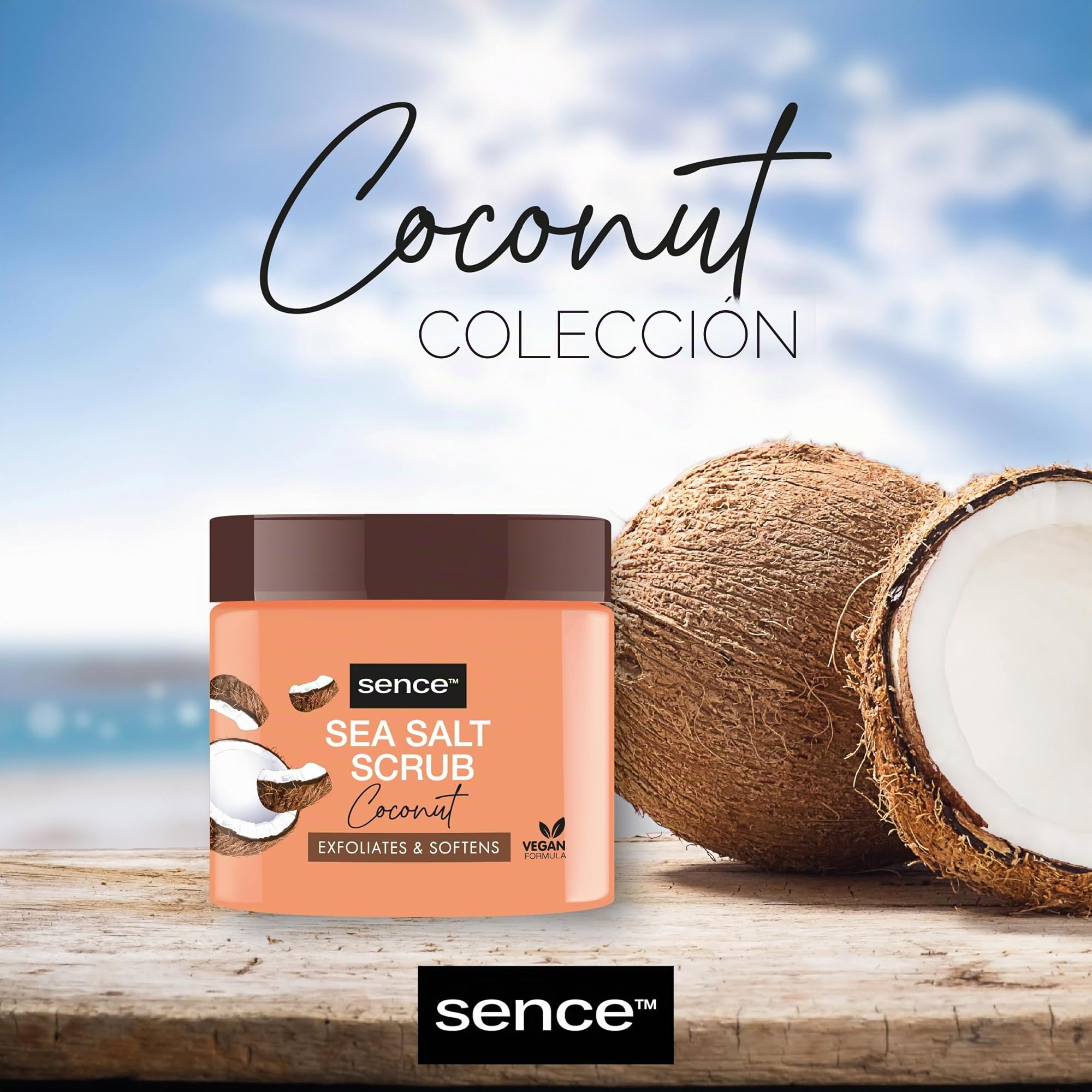 Sence Body Scrub Coconut, Exfoliante de sal marina de coco, vegano con toque tropical, aceite de jojoba y vitamina E, exfoliante cosmético de aceite de coco, cuidado de belleza, aceite de coco natural