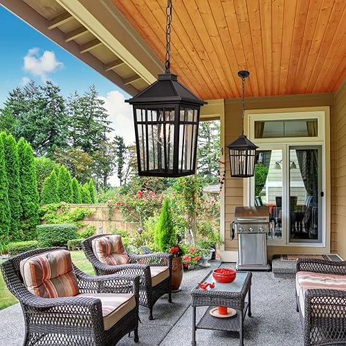 Miniatura 5 de Darkaway Lámpara colgante grande para exteriores, de 16 pulgadas, de aluminio antioxidante, impermeable, con vidrio sembrado, para porche, entrada,