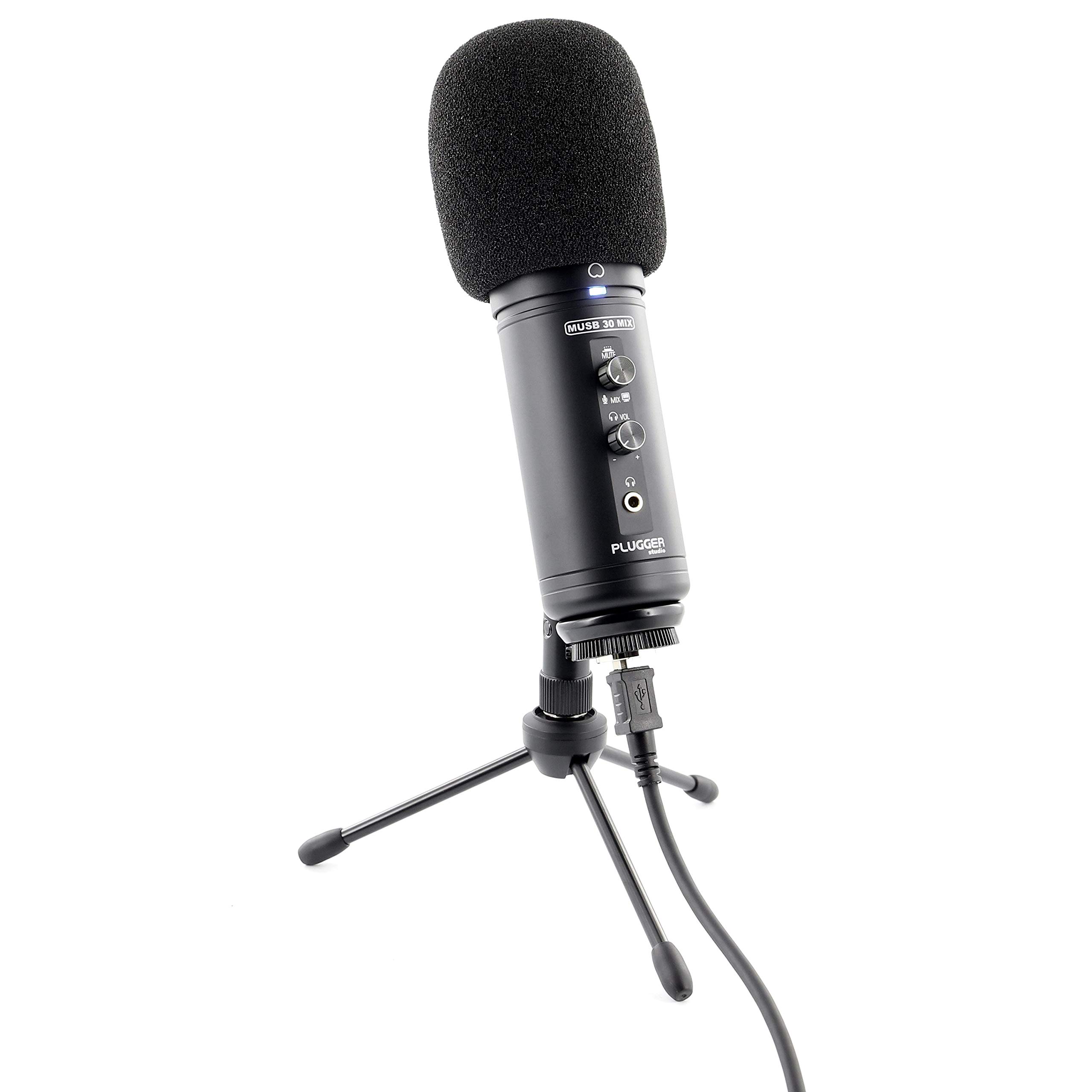 Plugger Microphone condensateur USB professionnel MUSB 30MIX Cardioïde Noir. Streaming Podcast Gaming Enregistrement voix pour ordinateur PC Windows et Mac. Trépied et bonnette inclus. Plug & play.