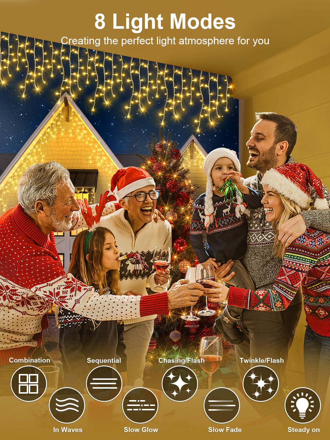 ARKOCHIC 10M Luci Natale Esterno Cascata, 400 LED Tenda Luminosa Bianco Caldo, Luci Natalizie da Esterno con Telecomando, 8 Modalità, Luci Decorazione Natale per Feste, Finestra, Balcone